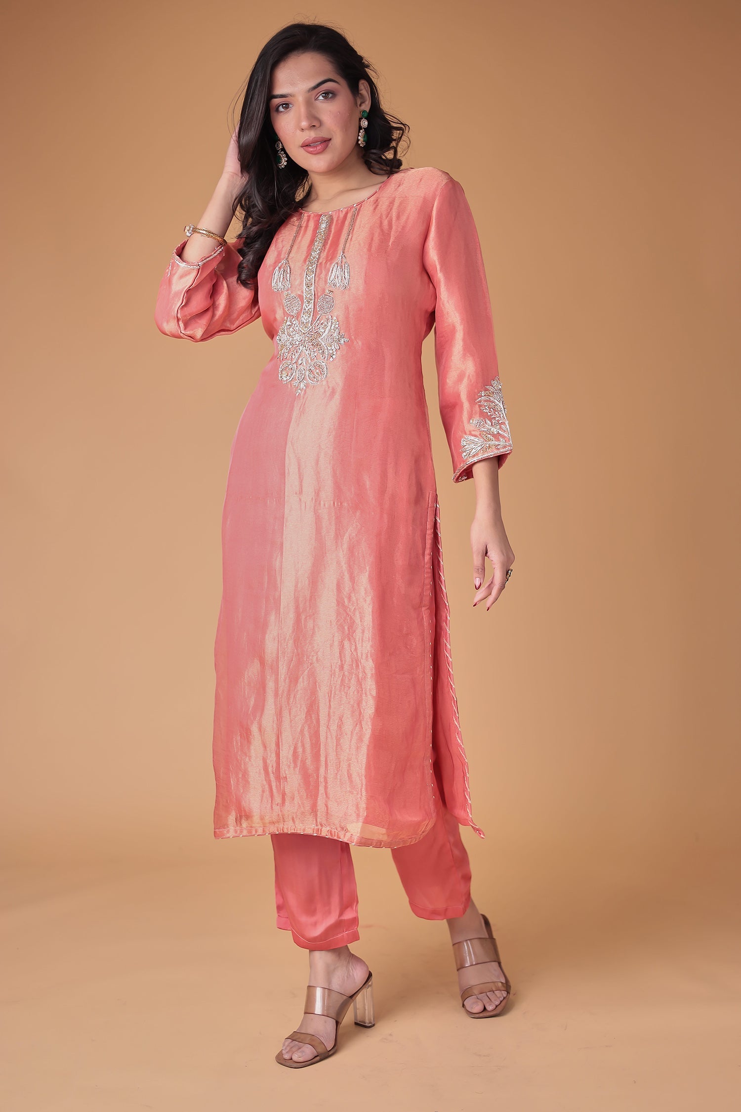 Peach Tissue Suit with Zardozi work