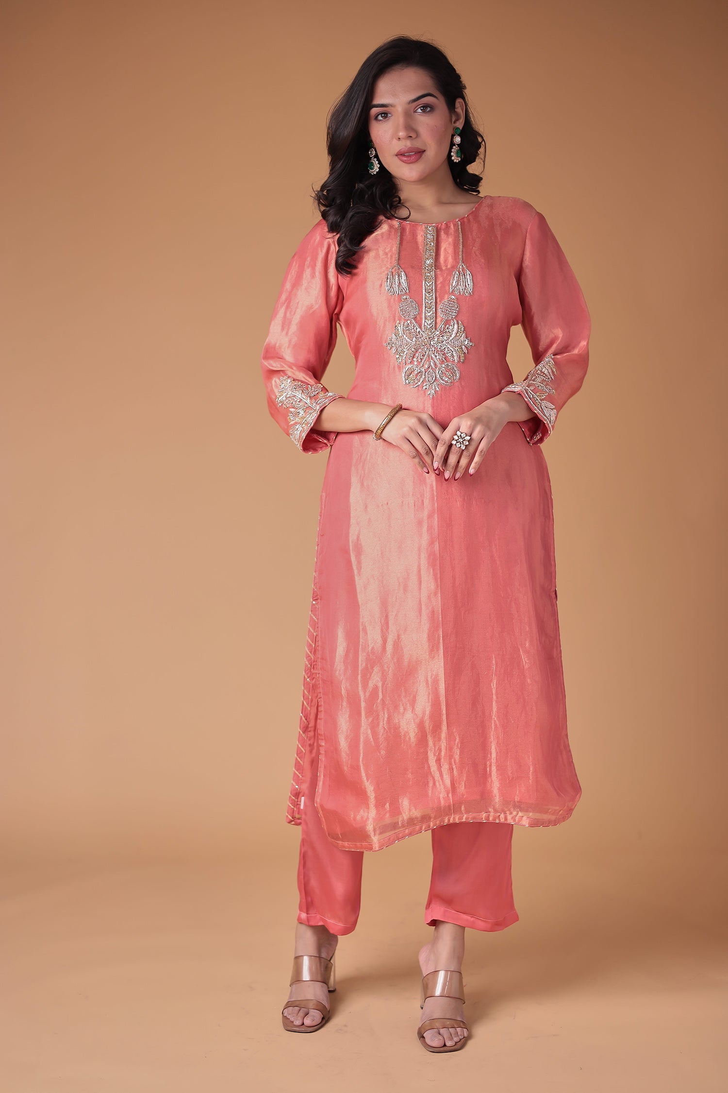 Peach Tissue Suit with Zardozi work