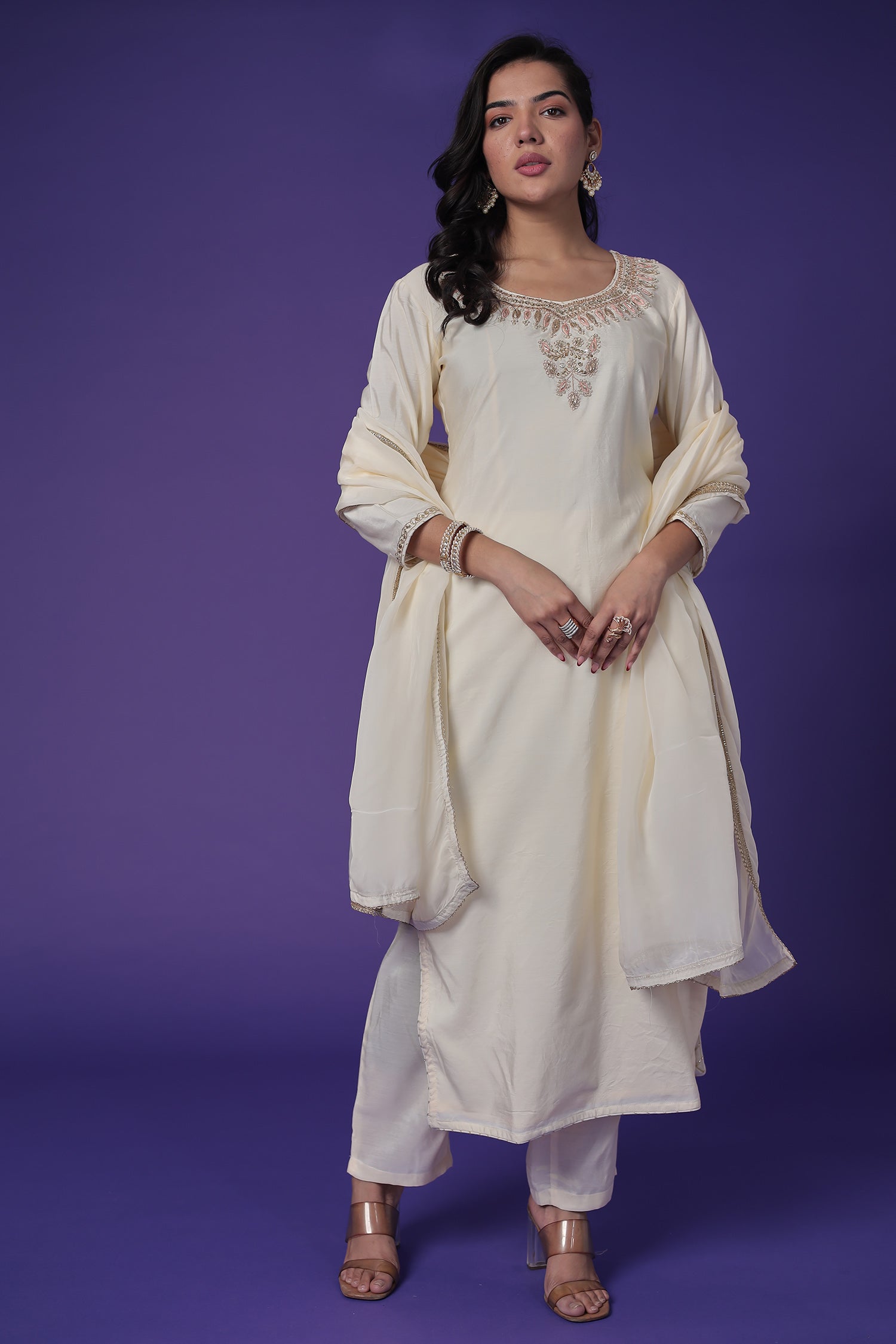 Silk Straight Suit with Pearl, Thread & Zardozi work