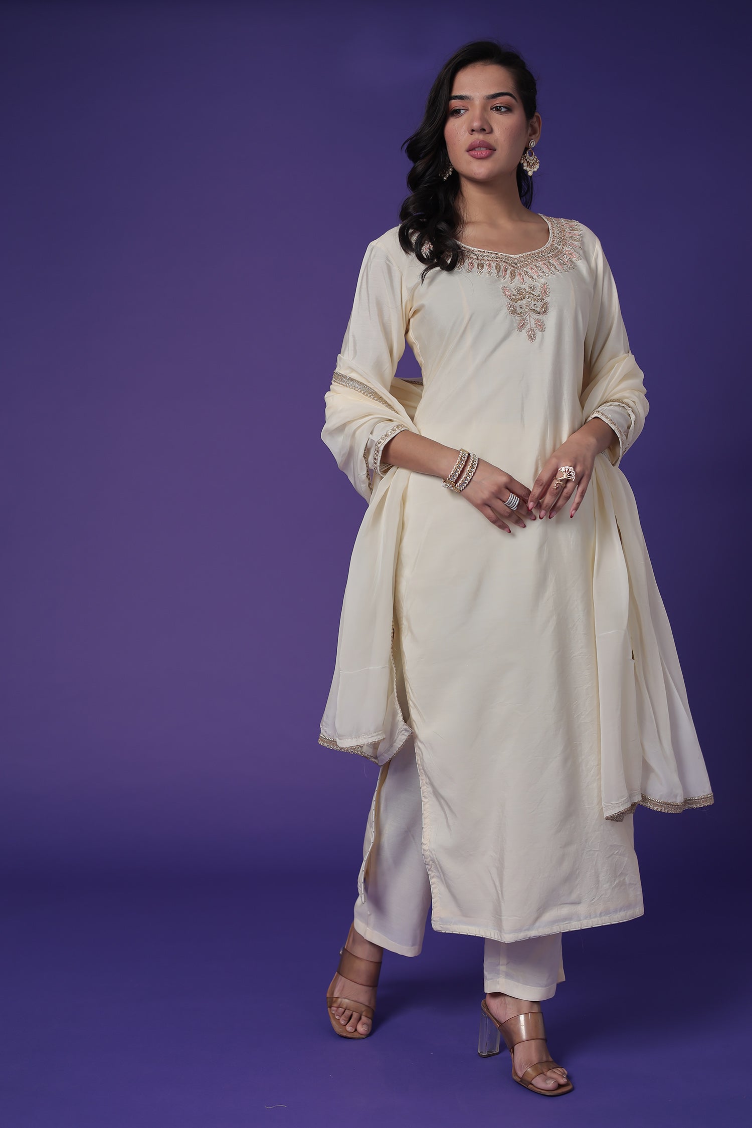 Silk Straight Suit with Pearl, Thread & Zardozi work
