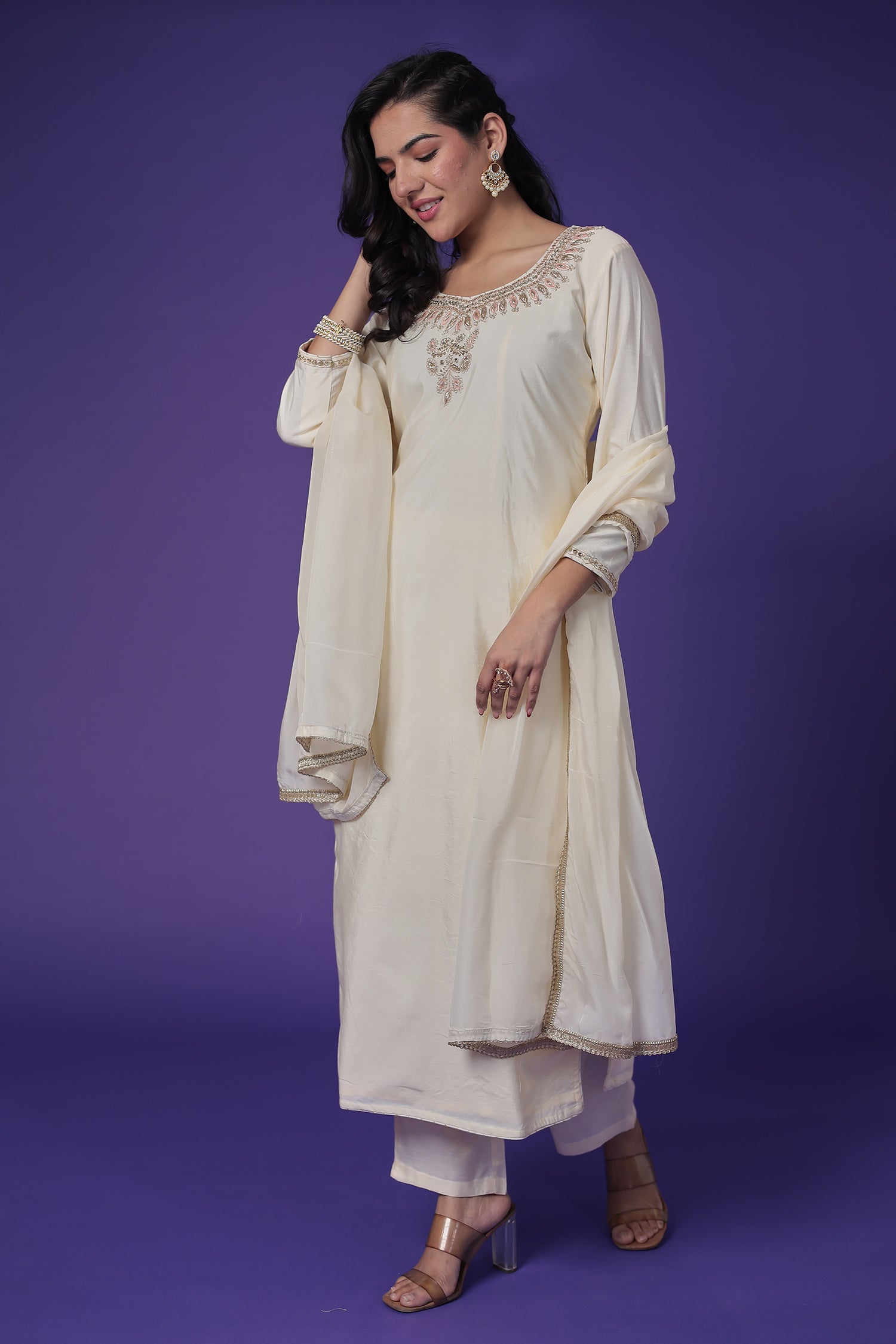 Silk Straight Suit with Pearl, Thread & Zardozi work