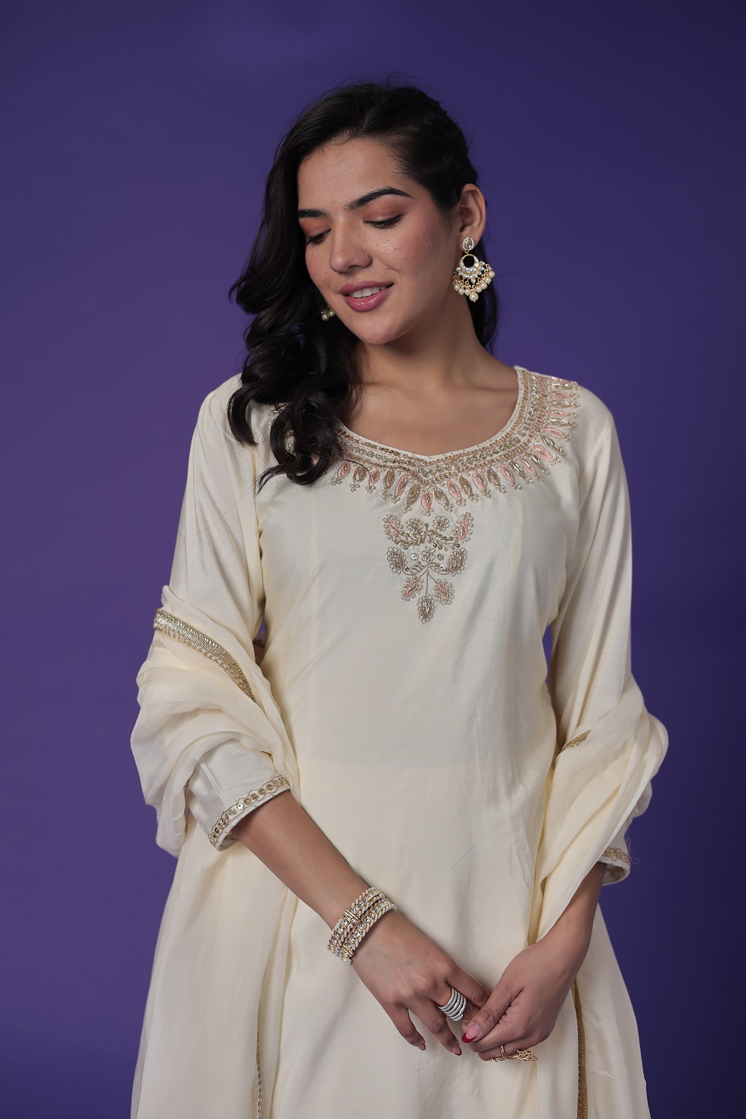 Silk Straight Suit with Pearl, Thread & Zardozi work