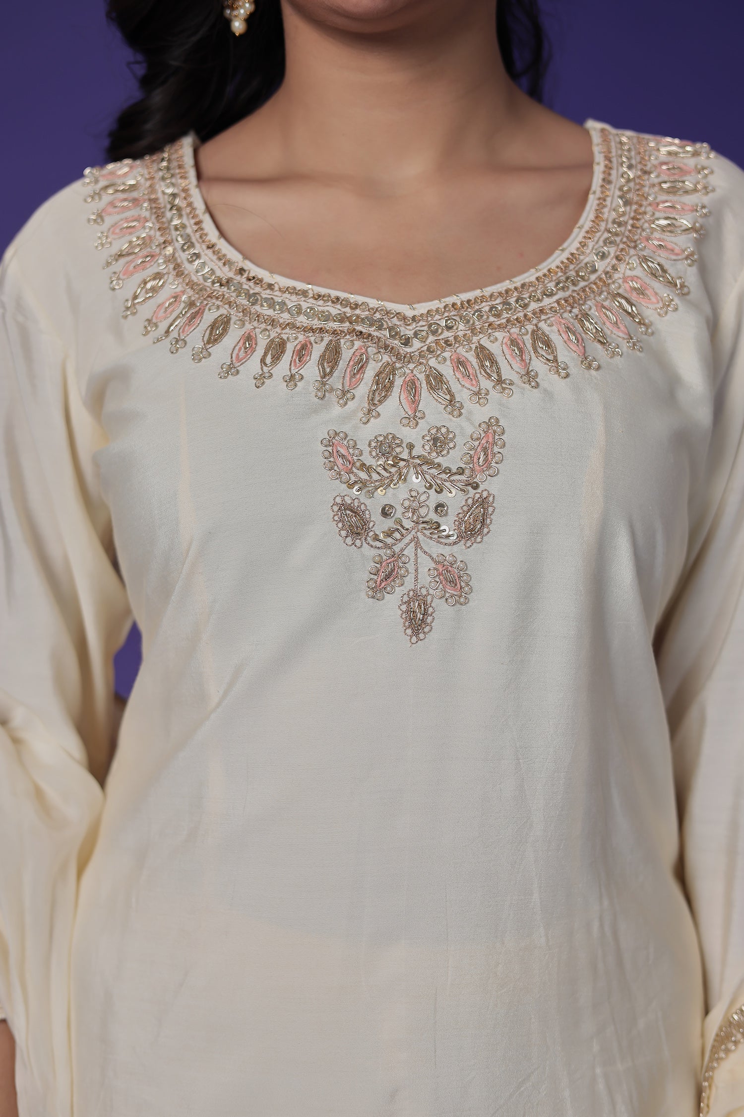 Silk Straight Suit with Pearl, Thread & Zardozi work