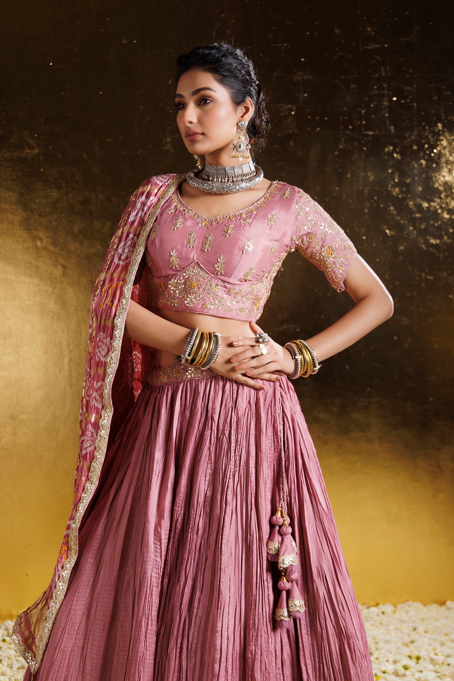 Bandhej Crushed Silk Lehenga with Gota Patti, Thread and Zardozi work