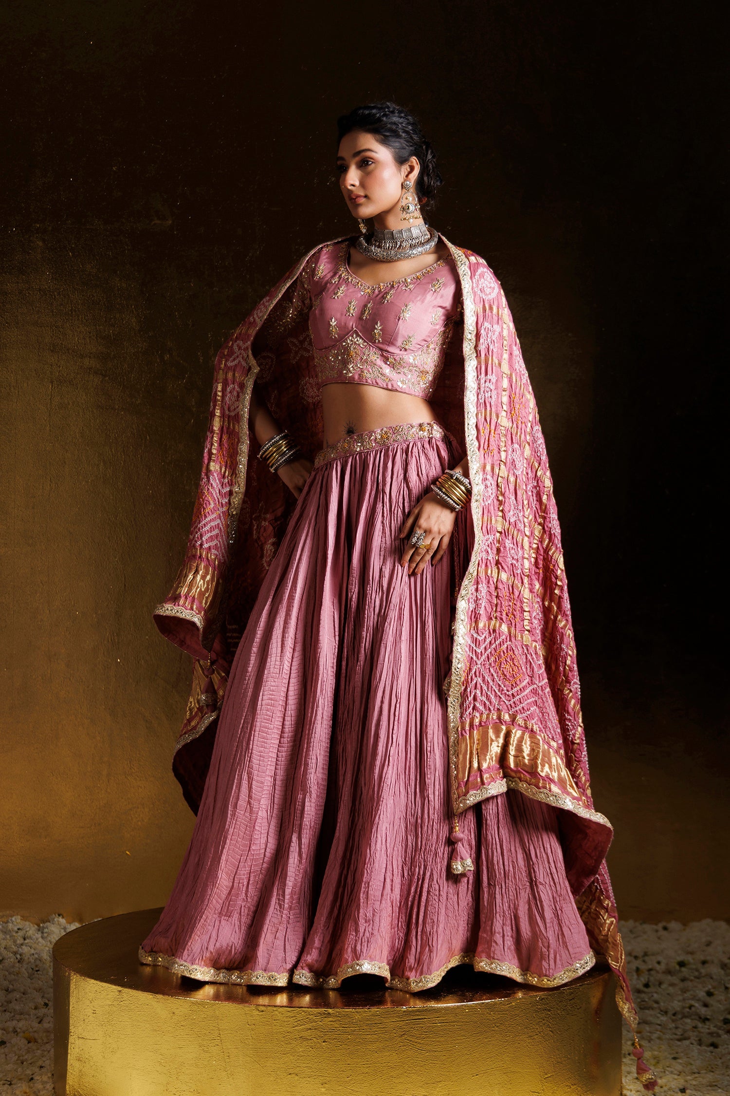 Bandhej Crushed Silk Lehenga with Gota Patti, Thread and Zardozi work