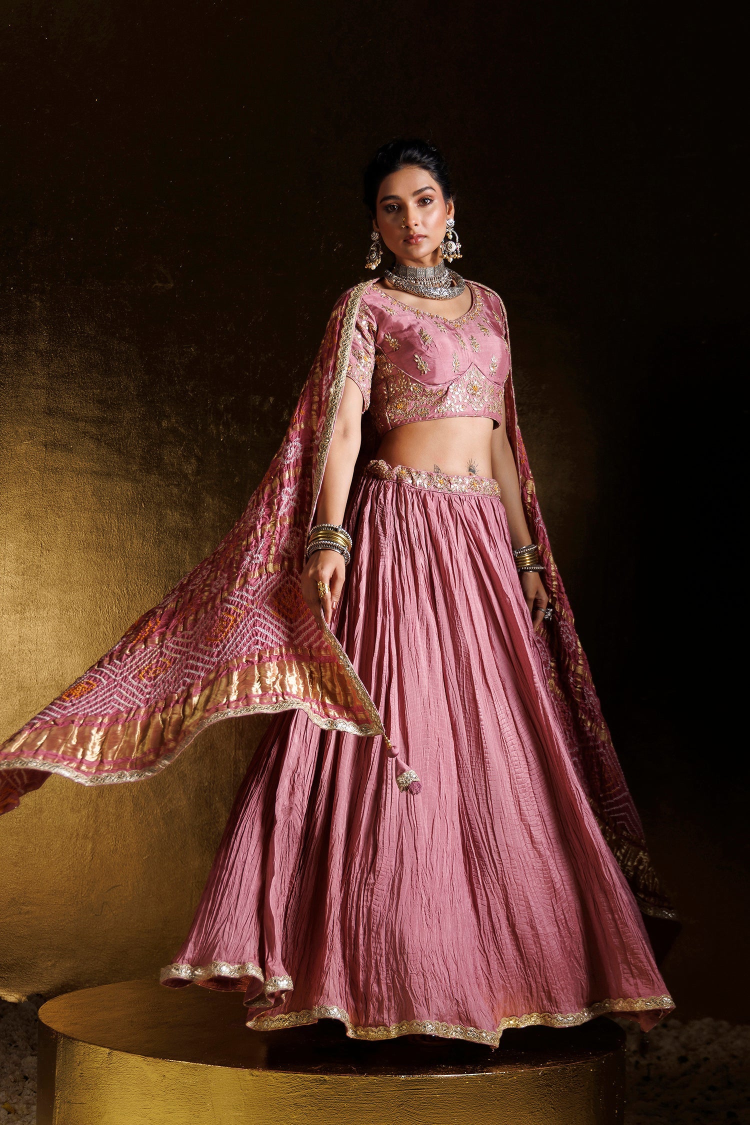 Bandhej Crushed Silk Lehenga with Gota Patti, Thread and Zardozi work