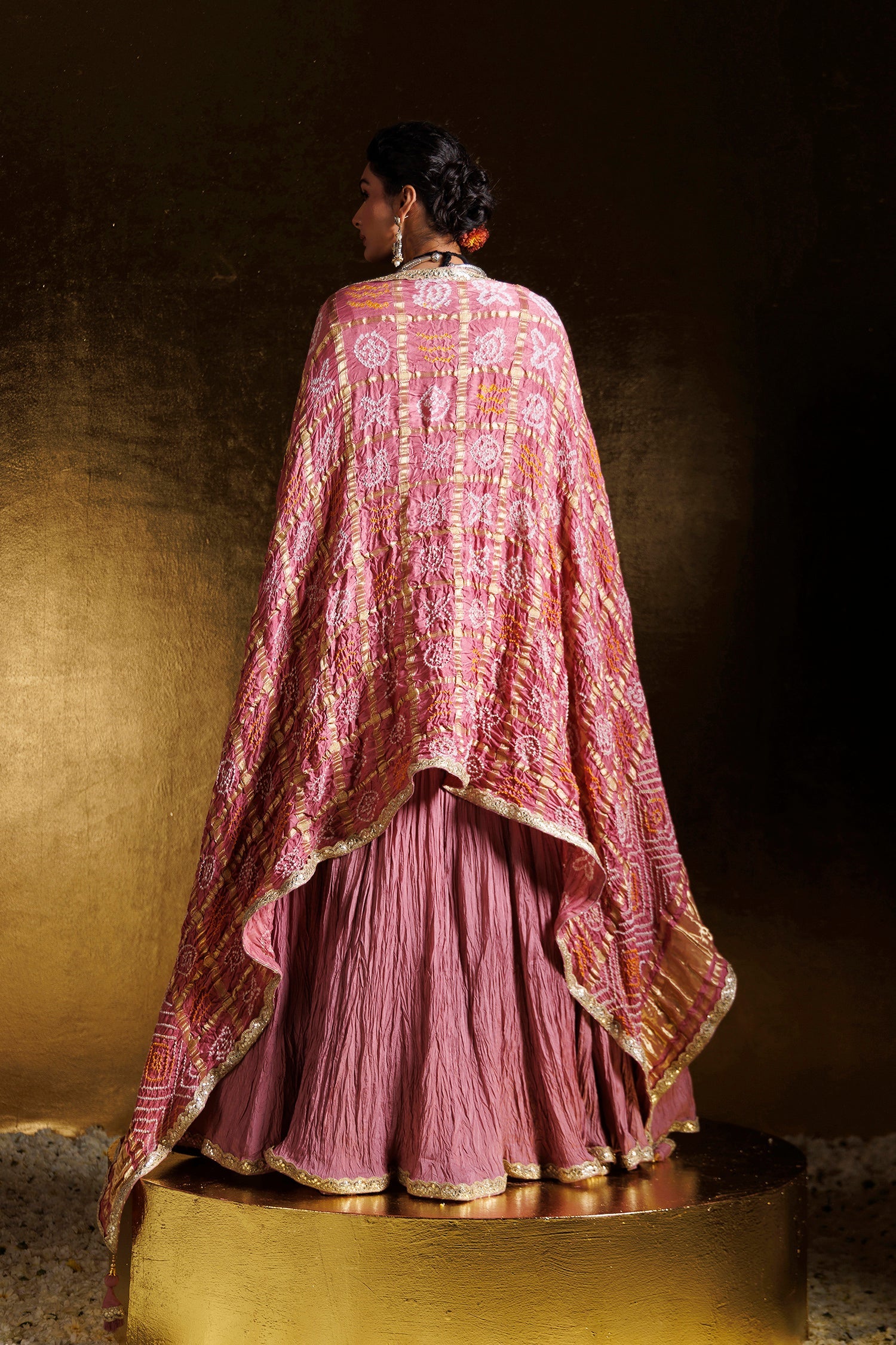 Bandhej Crushed Silk Lehenga with Gota Patti, Thread and Zardozi work