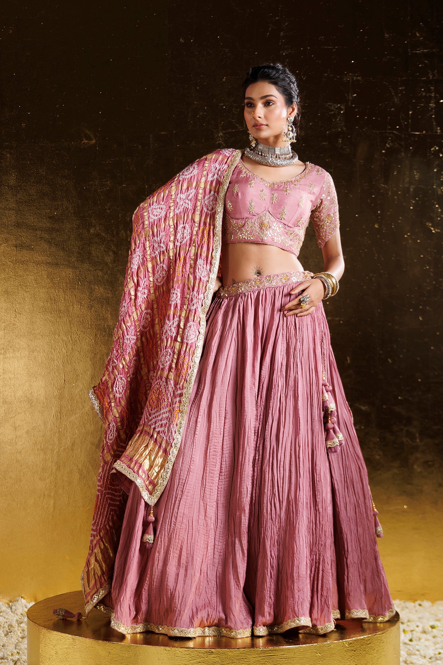 Bandhej Crushed Silk Lehenga with Gota Patti, Thread and Zardozi work