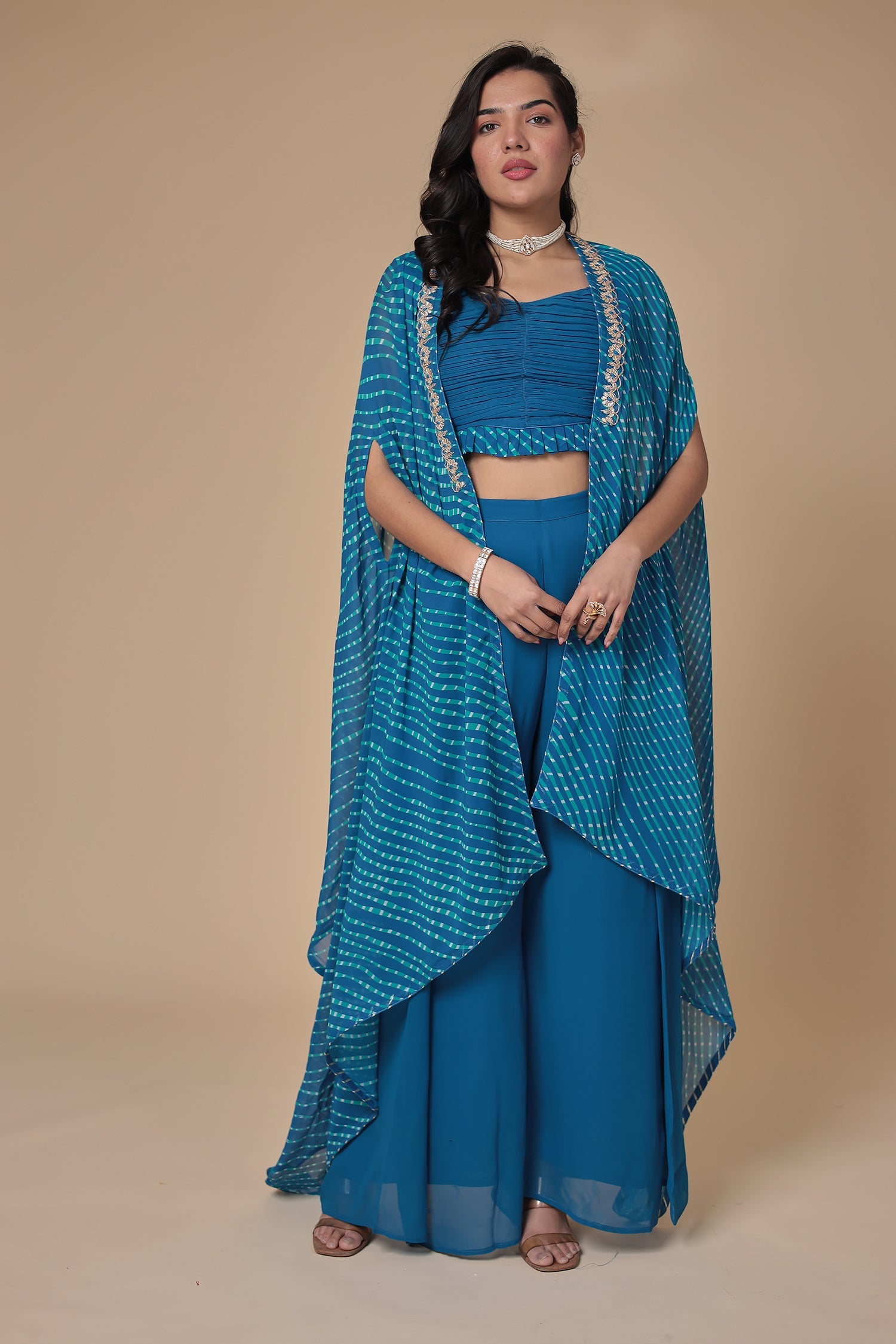 Mothra Georgette Palazzo Suit with Embroidered Cape Jacket