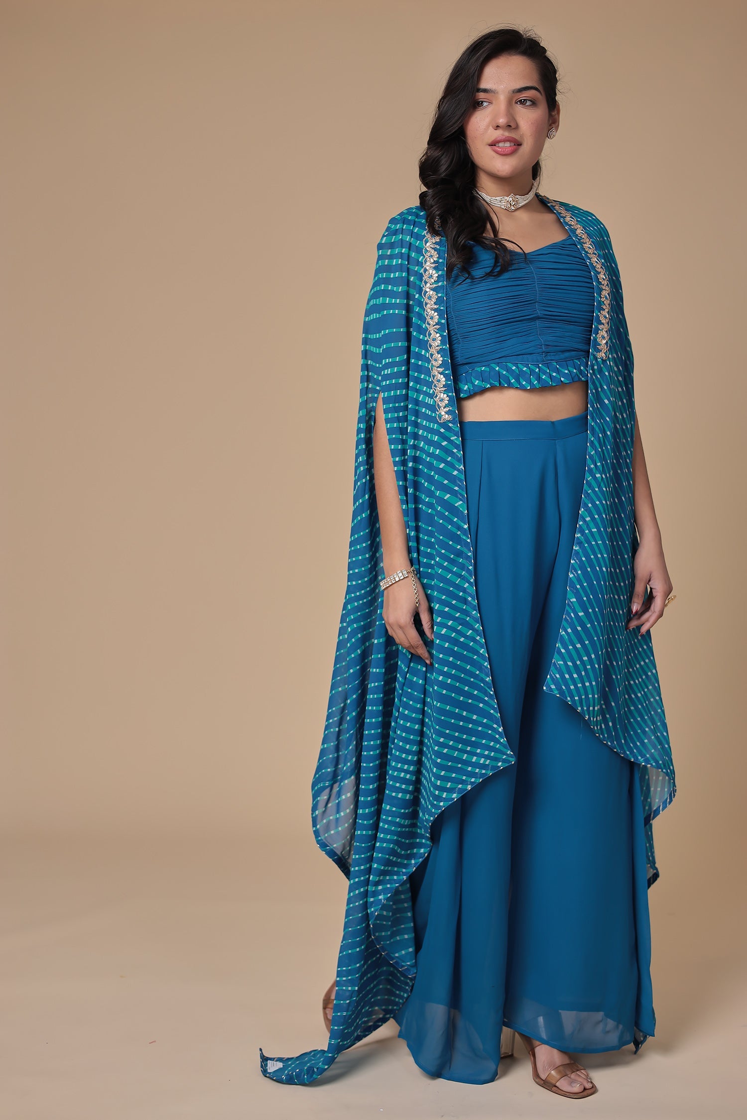 Mothra Georgette Palazzo Suit with Embroidered Cape Jacket