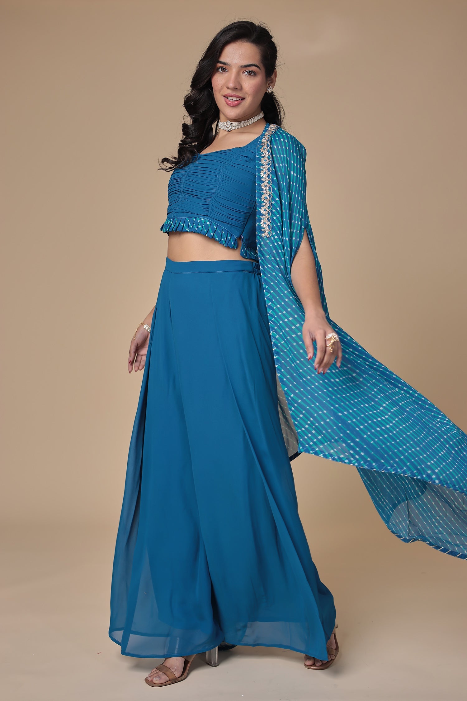 Mothra Georgette Palazzo Suit with Embroidered Cape Jacket