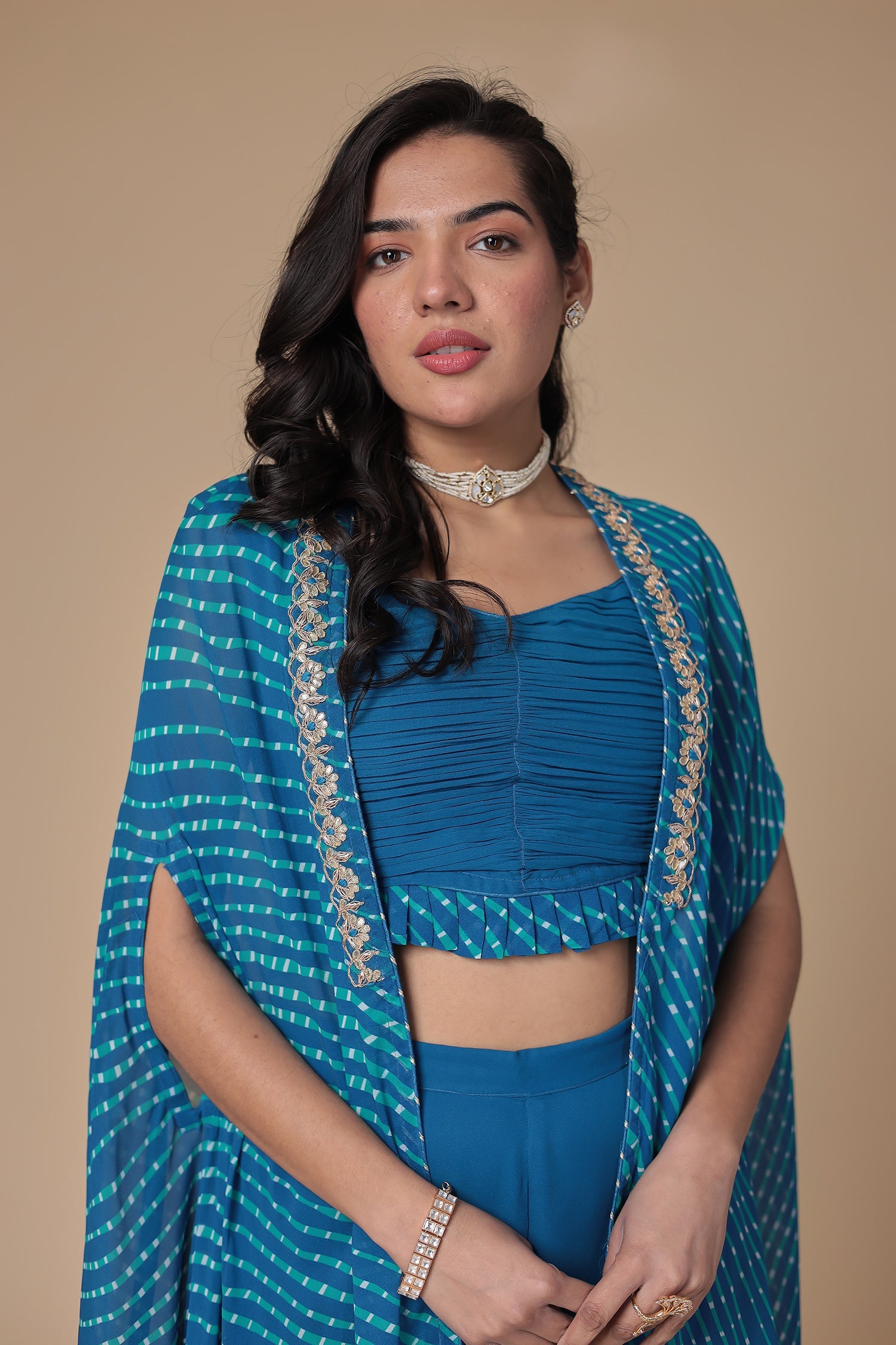 Mothra Georgette Palazzo Suit with Embroidered Cape Jacket