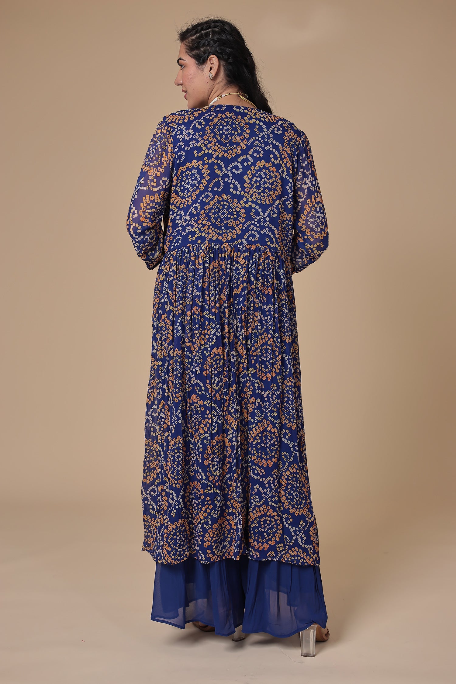 Bandhej Georgette Jacket Style Suit with Gota Patti and Thread work.