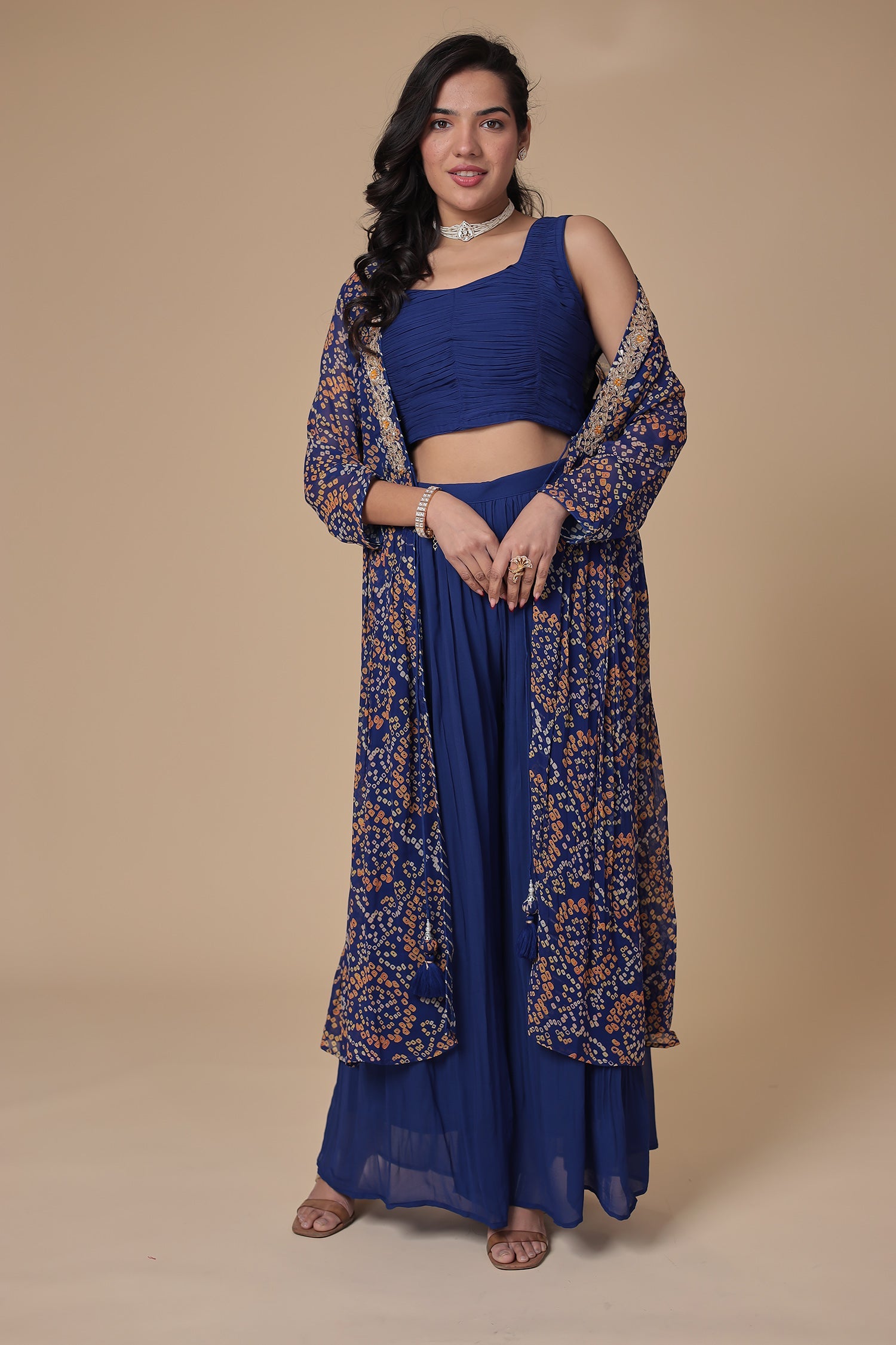 Bandhej Georgette Jacket Style Suit with Gota Patti and Thread work.