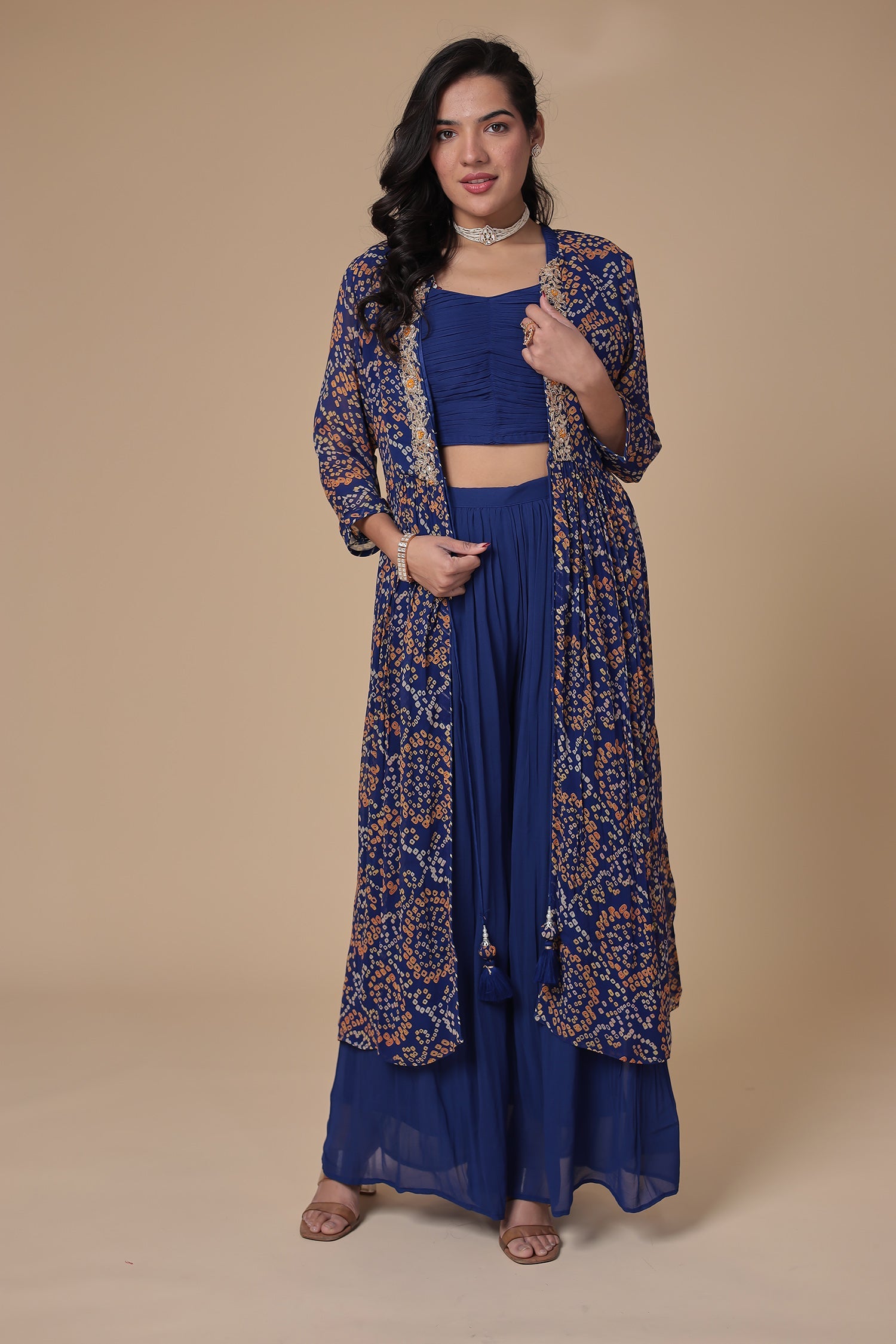 Bandhej Georgette Jacket Style Suit with Gota Patti and Thread work.