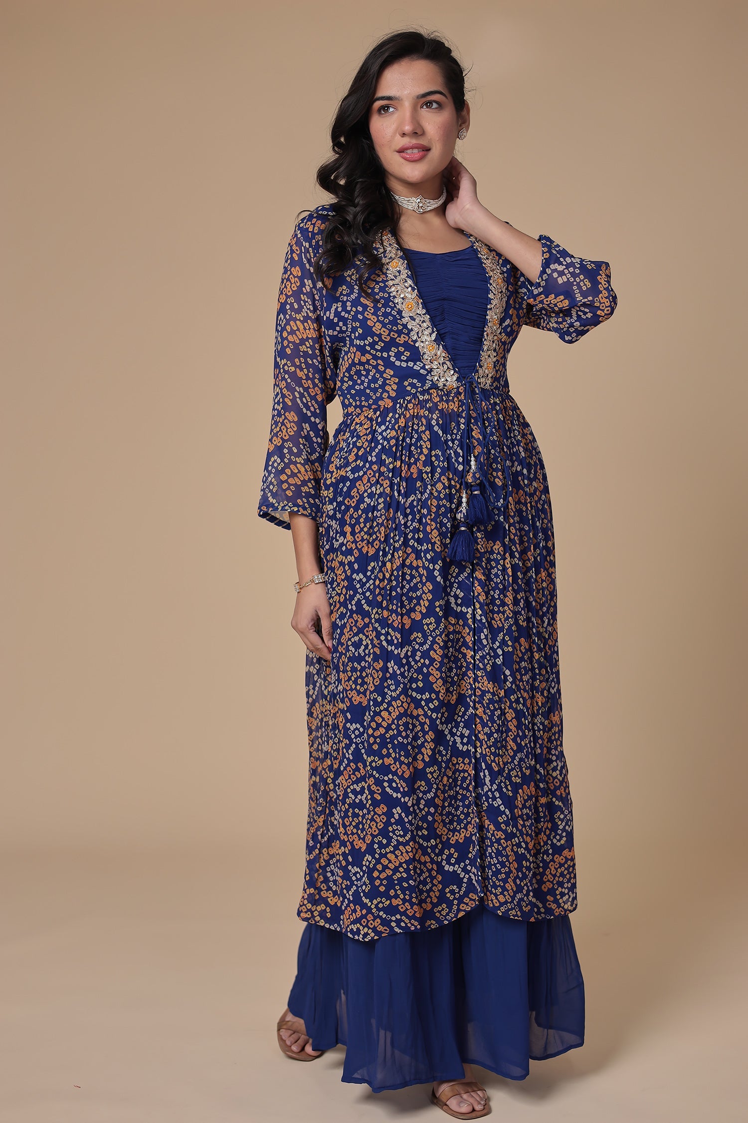 Bandhej Georgette Jacket Style Suit with Gota Patti and Thread work.