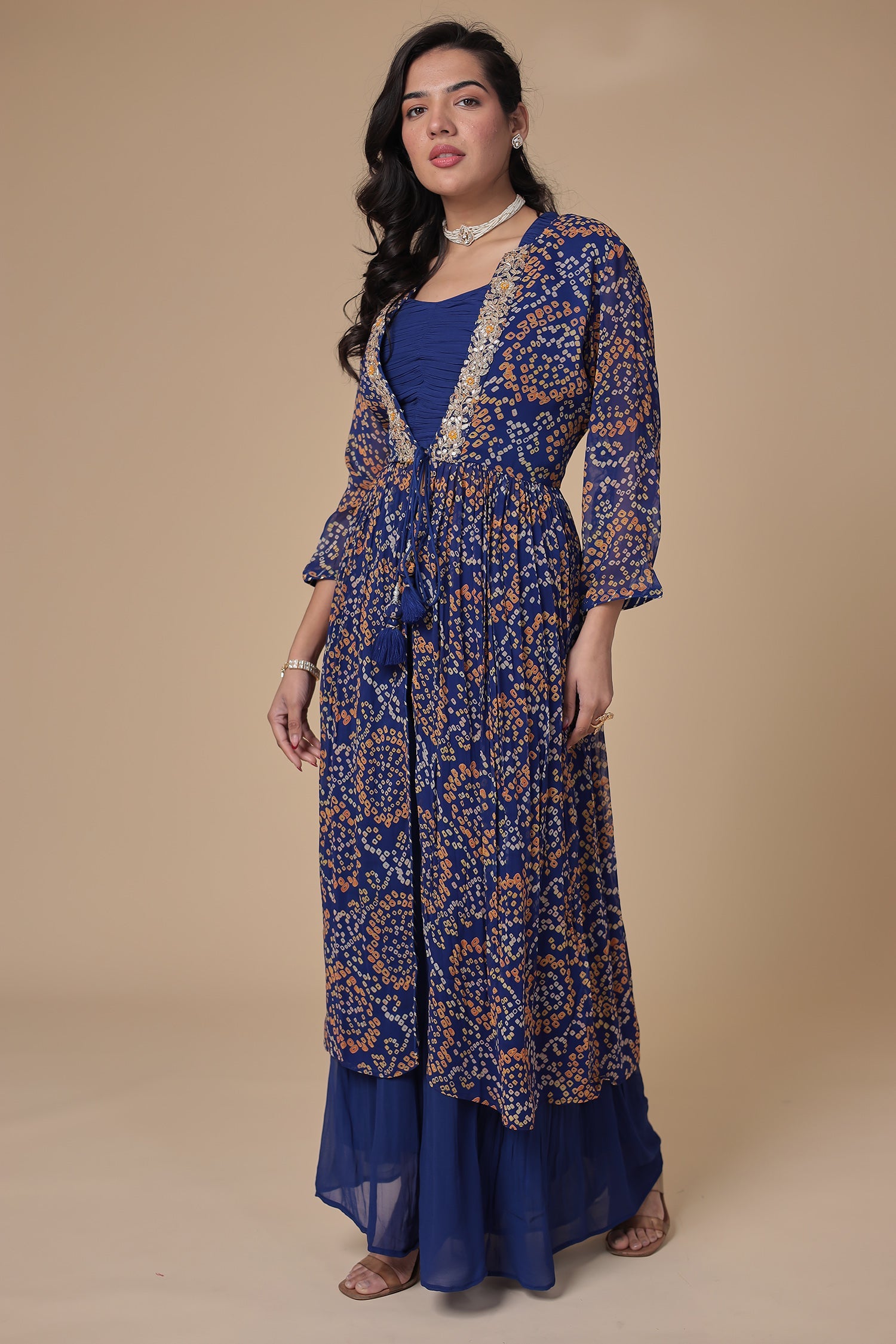 Bandhej Georgette Jacket Style Suit with Gota Patti and Thread work.