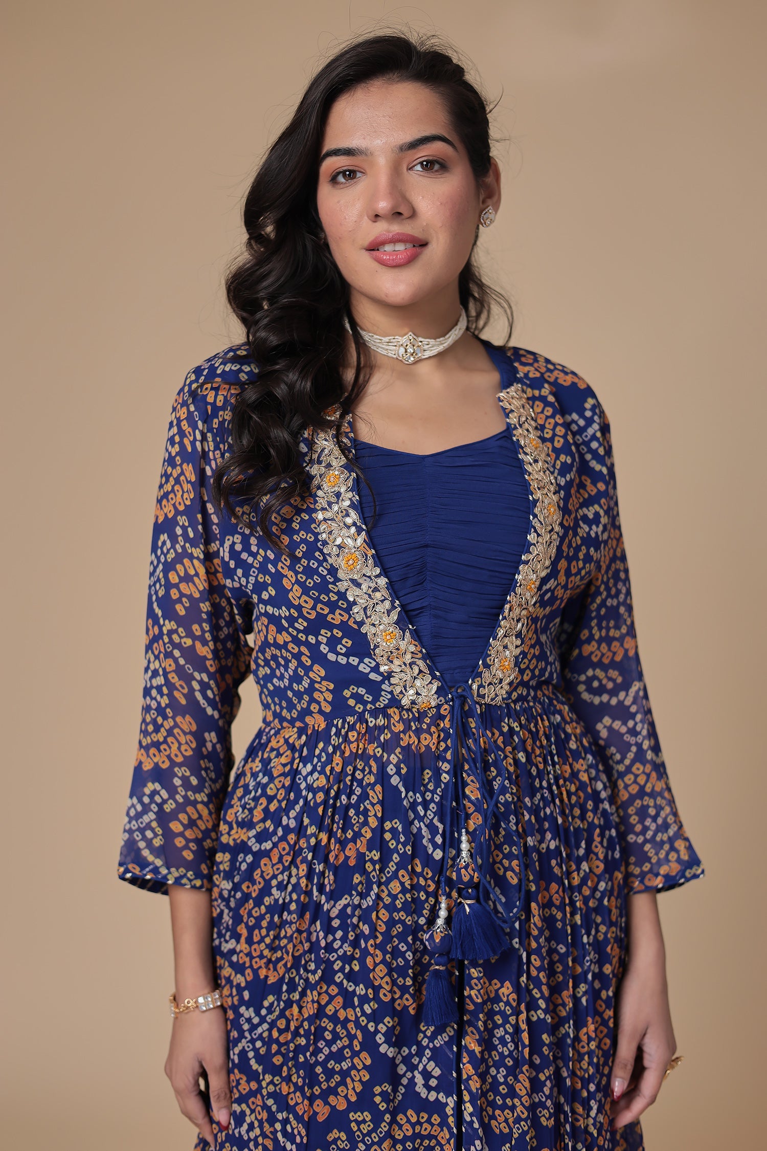 Bandhej Georgette Jacket Style Suit with Gota Patti and Thread work.