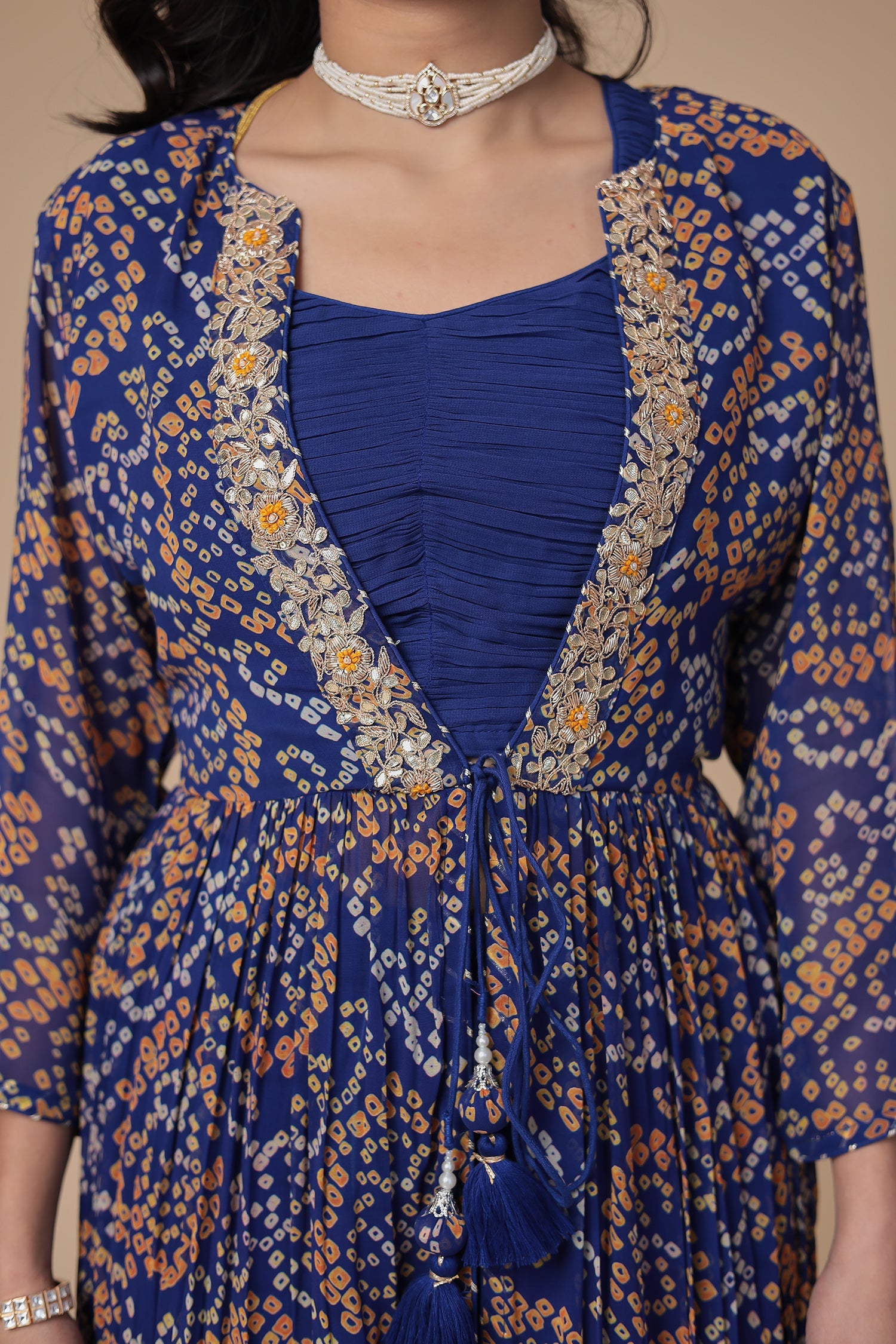 Bandhej Georgette Jacket Style Suit with Gota Patti and Thread work.