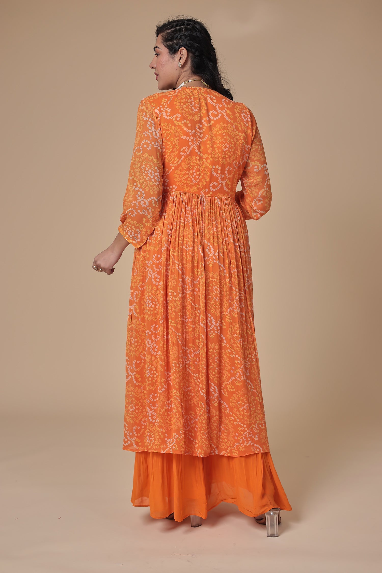 Bandhej Georgette Jacket Style Suit with Gota Patti and Thread work.