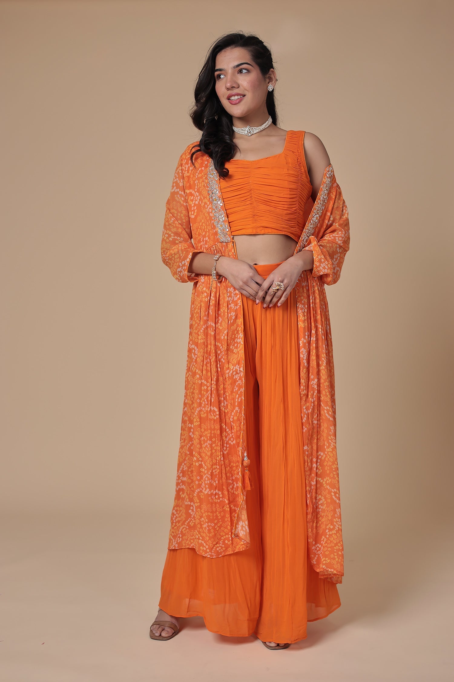 Bandhej Georgette Jacket Style Suit with Gota Patti and Thread work.