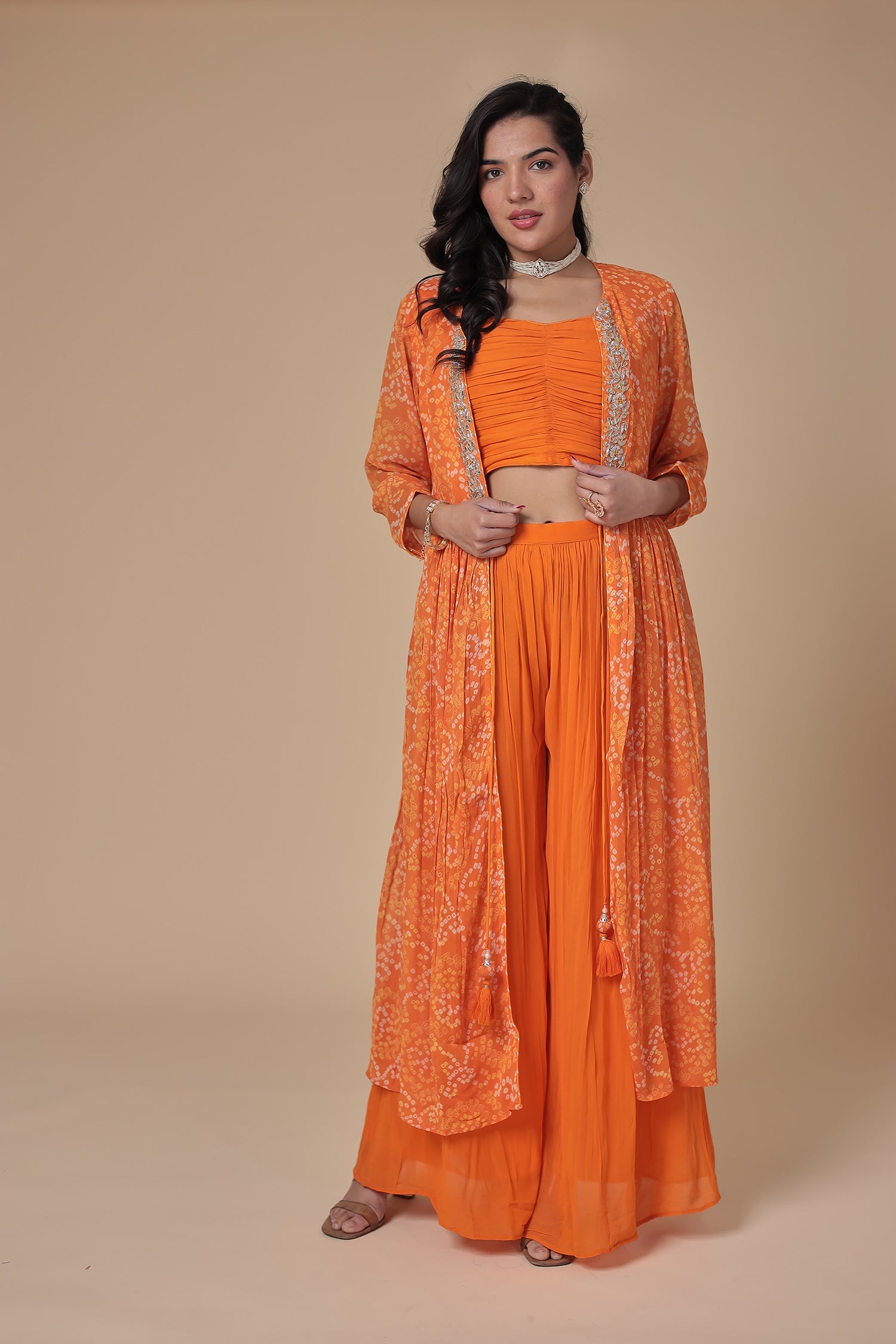 Bandhej Georgette Jacket Style Suit with Gota Patti and Thread work.