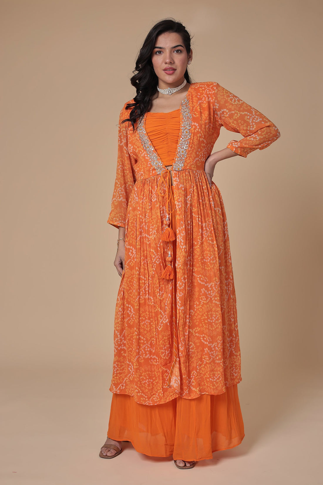 Bandhej Georgette Jacket Style Suit with Gota Patti and Thread work.