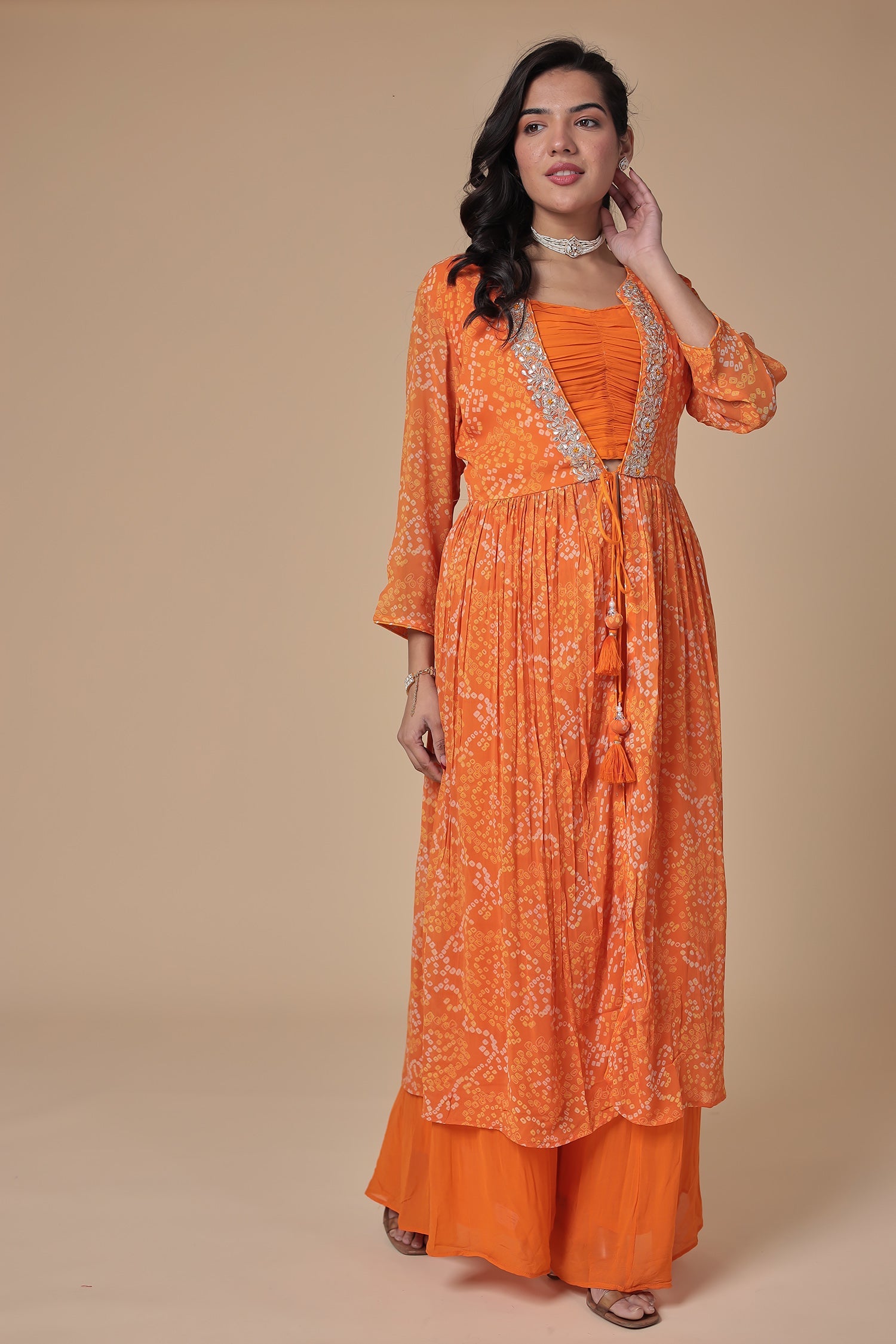 Bandhej Georgette Jacket Style Suit with Gota Patti and Thread work.