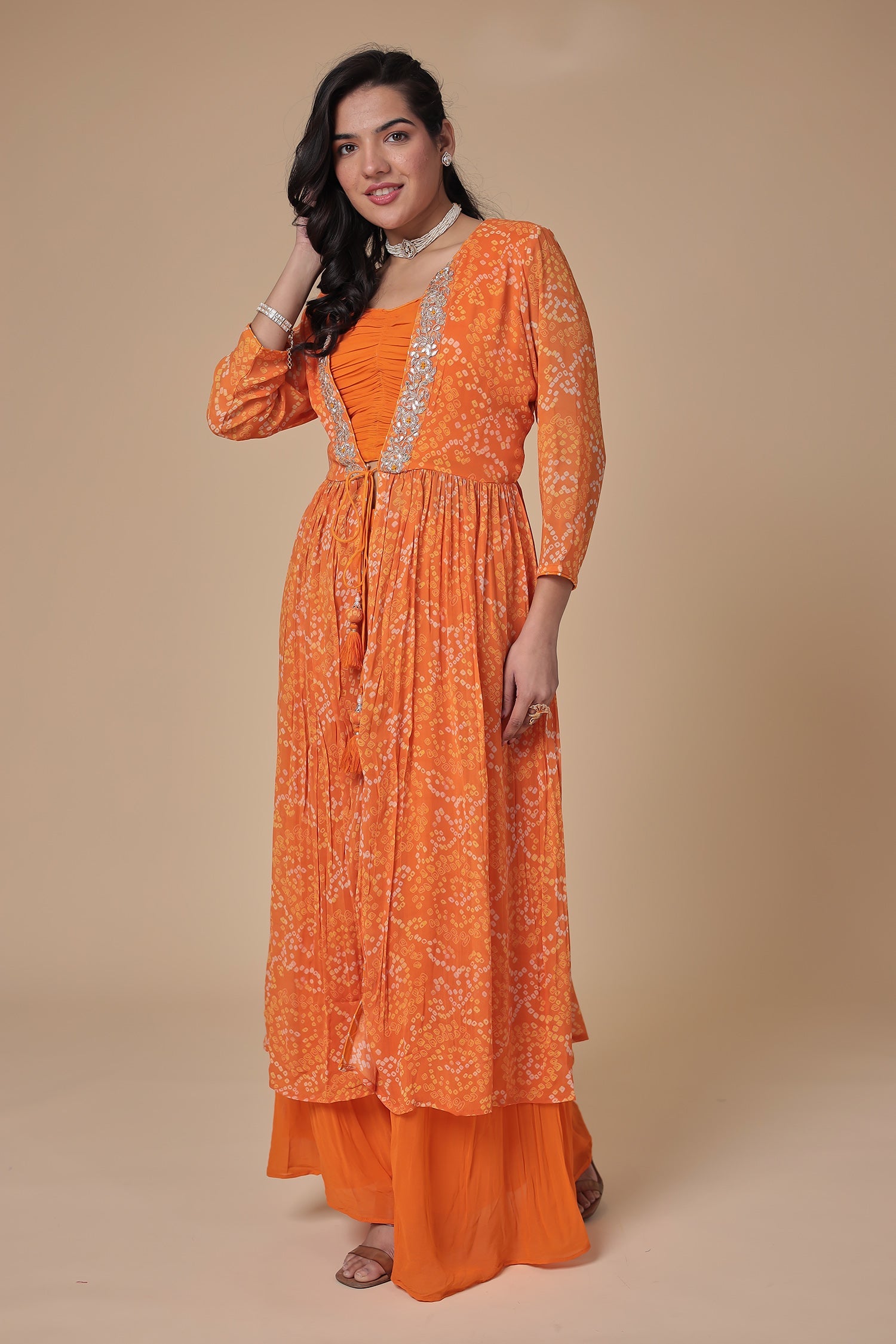 Bandhej Georgette Jacket Style Suit with Gota Patti and Thread work.