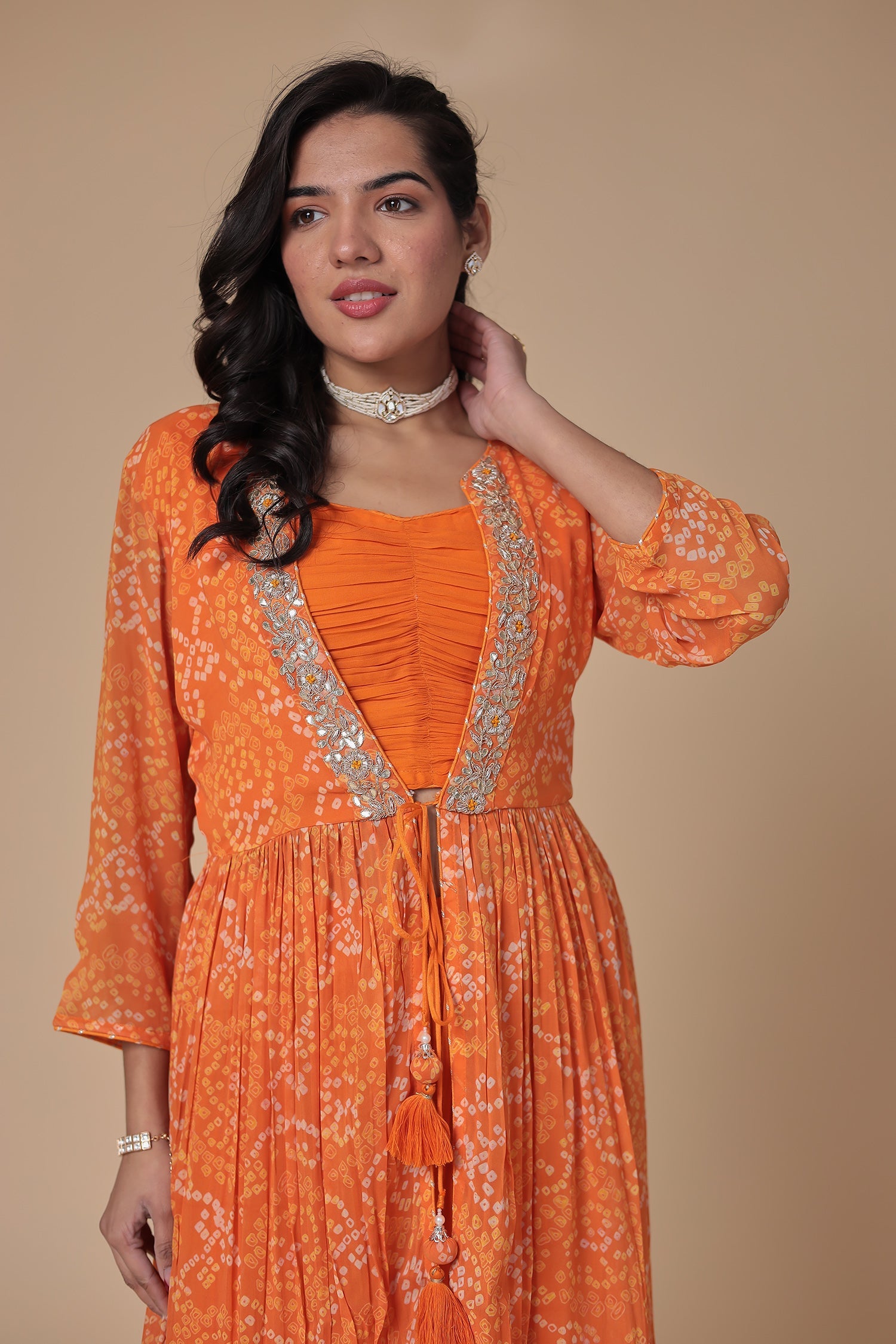 Bandhej Georgette Jacket Style Suit with Gota Patti and Thread work.