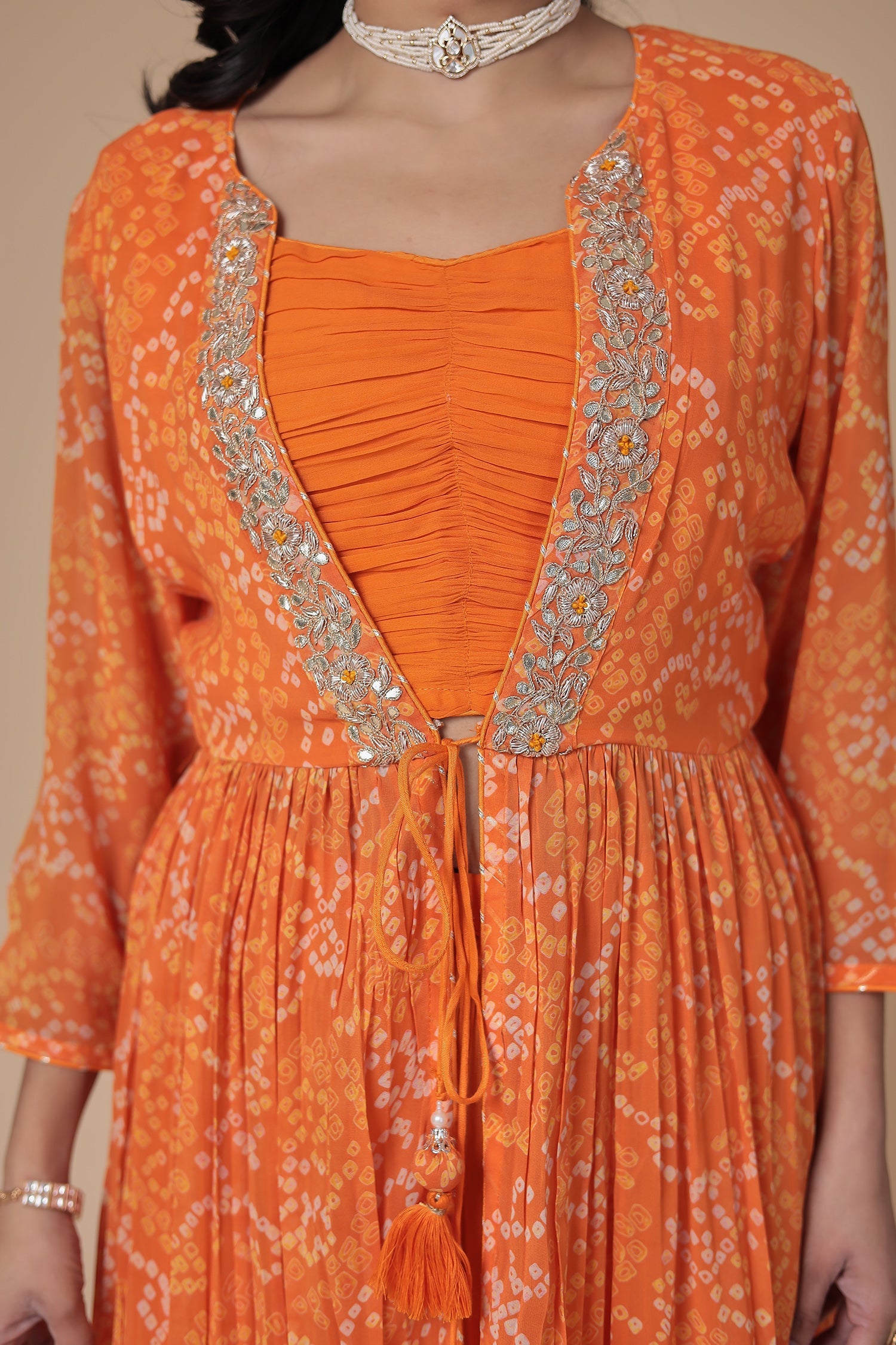 Bandhej Georgette Jacket Style Suit with Gota Patti and Thread work.