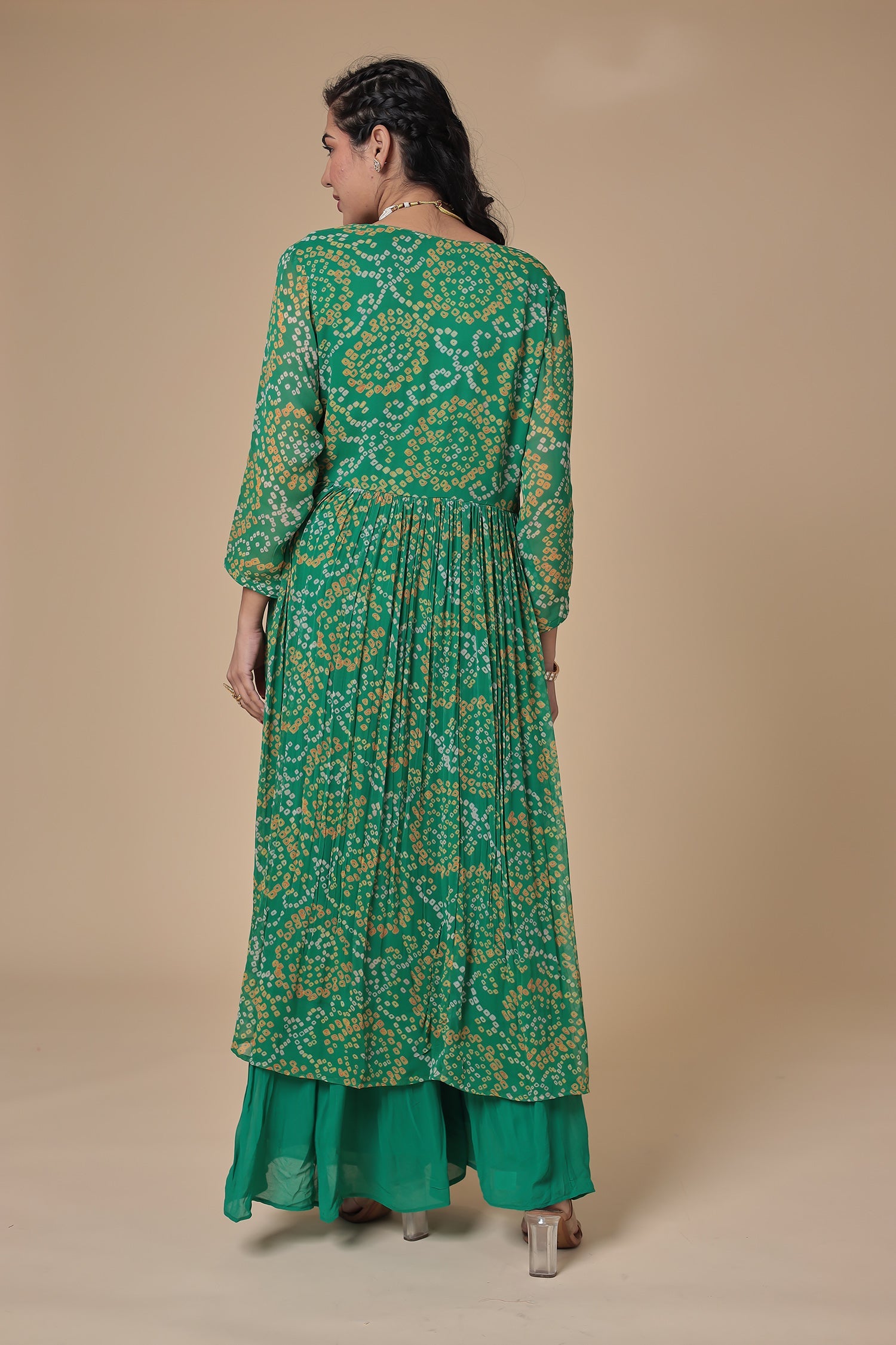 Bandhej Georgette Jacket Style Suit with Gota Patti and Thread work.