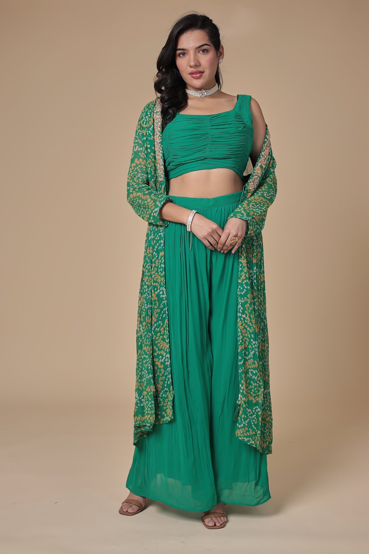 Bandhej Georgette Jacket Style Suit with Gota Patti and Thread work.