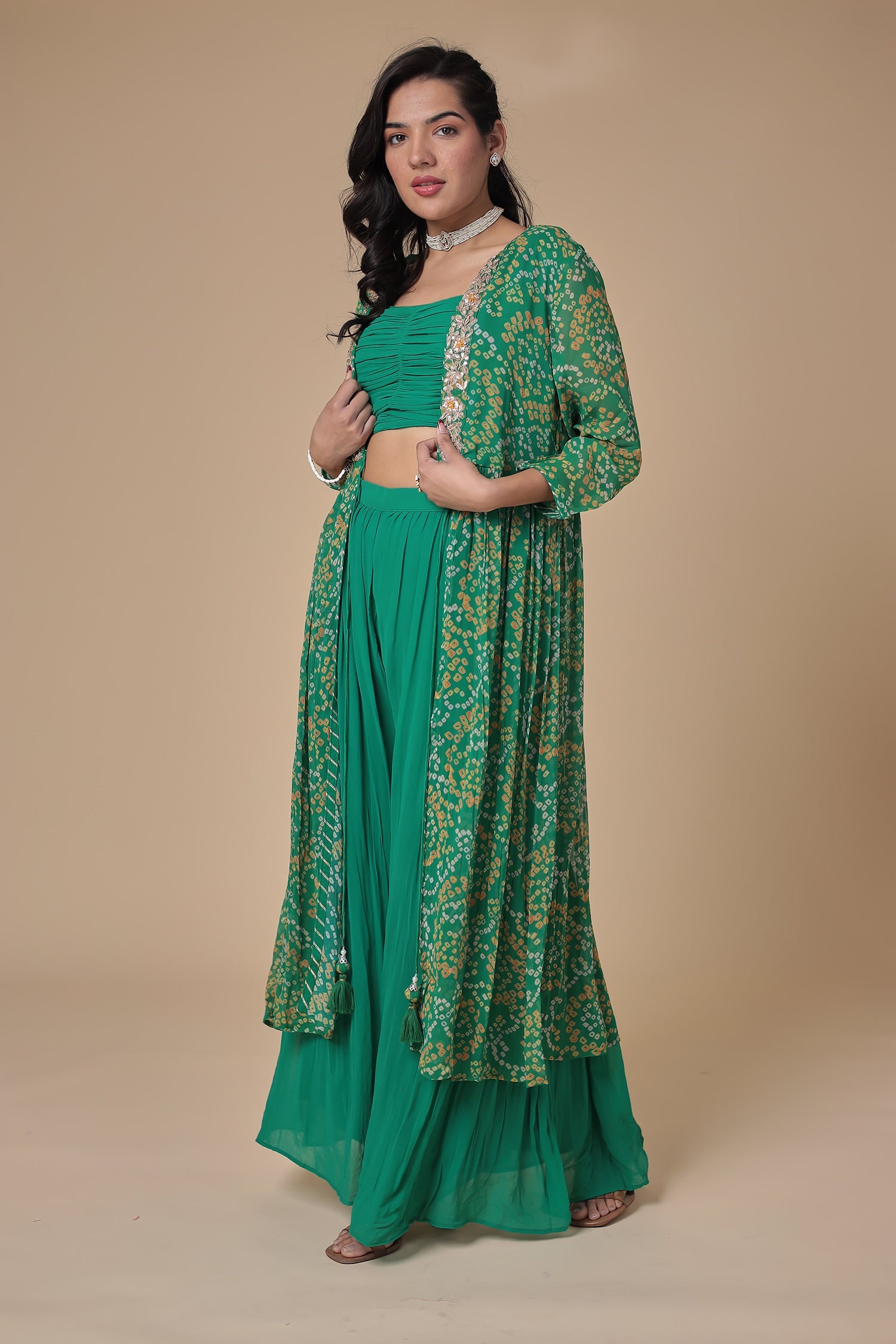 Bandhej Georgette Jacket Style Suit with Gota Patti and Thread work.