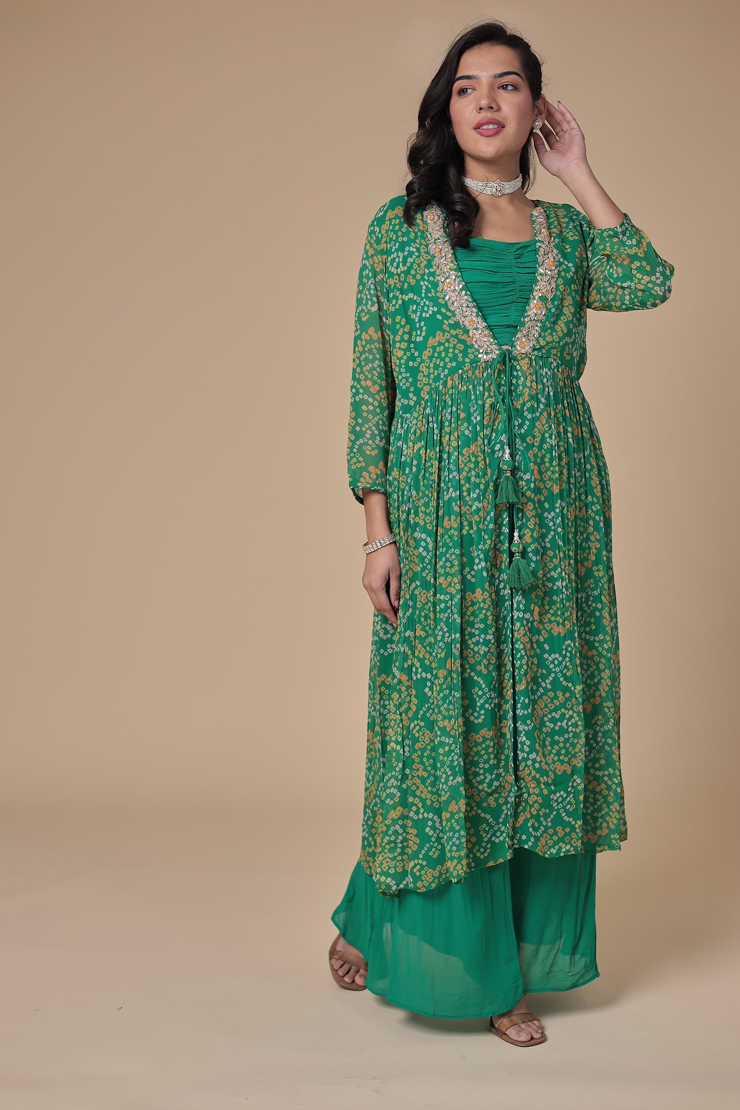 Bandhej Georgette Jacket Style Suit with Gota Patti and Thread work.