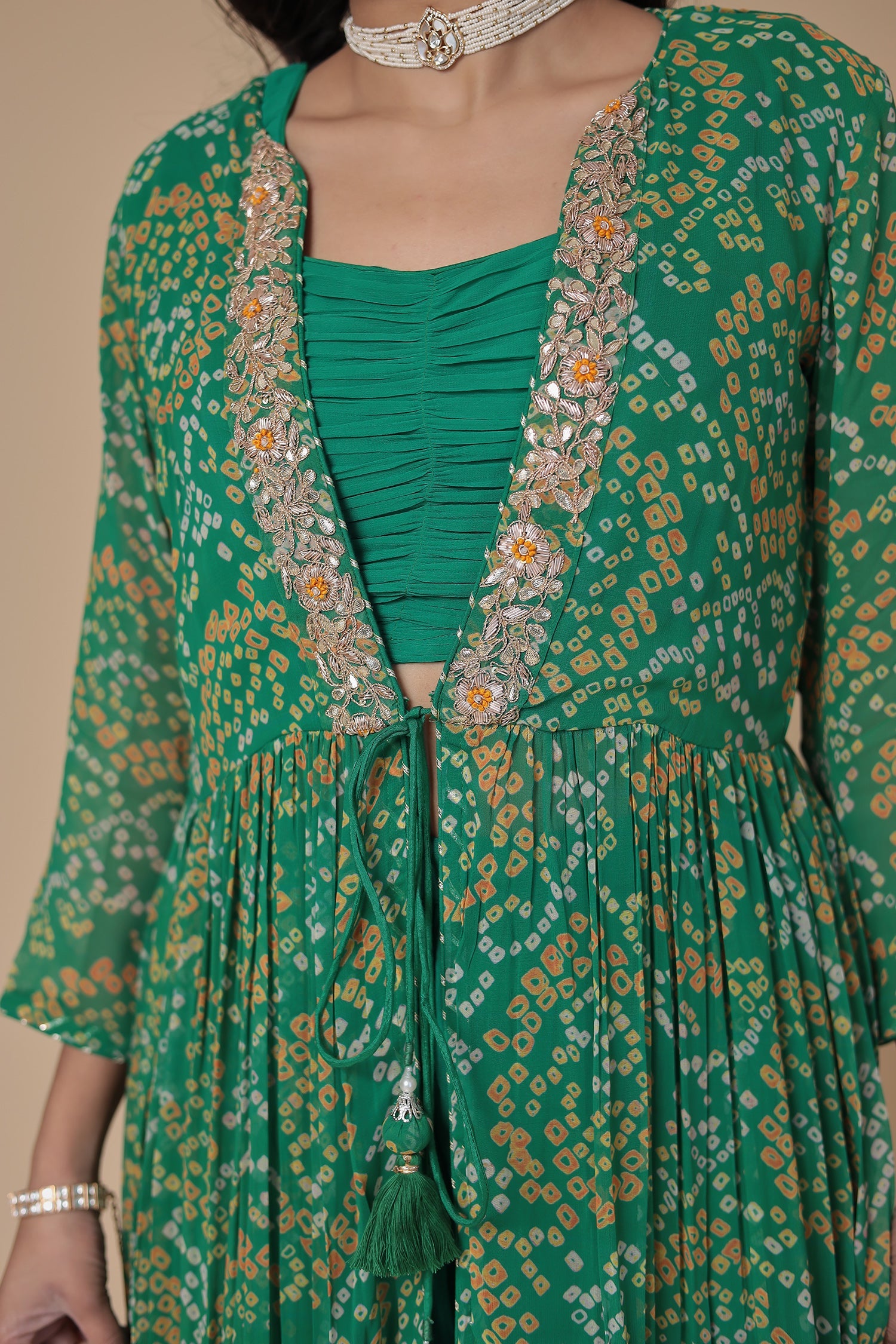 Bandhej Georgette Jacket Style Suit with Gota Patti and Thread work.