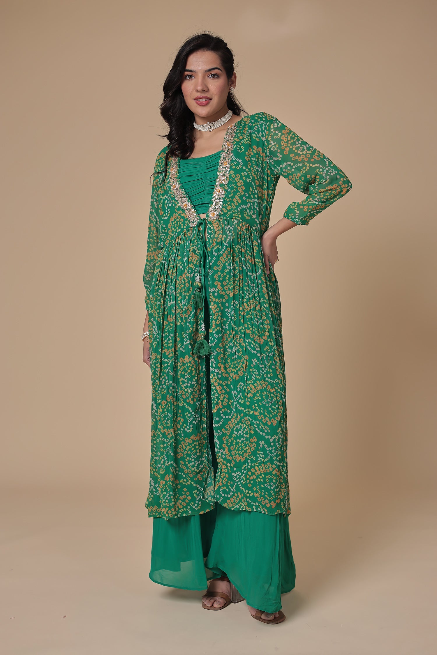 Bandhej Georgette Jacket Style Suit with Gota Patti and Thread work.