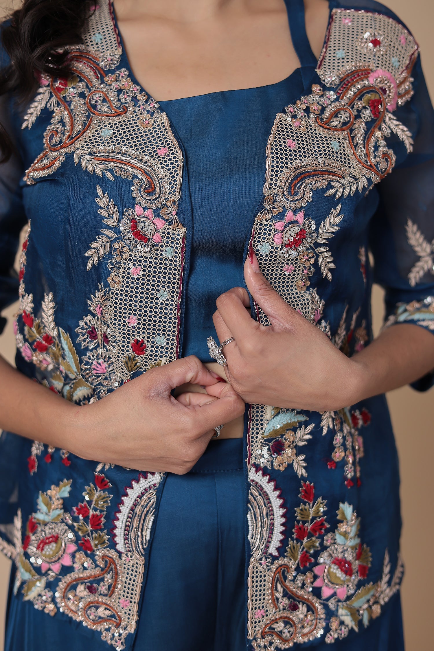 Jacket Style Silk Indowestern with Pearl, Thread and Zardozi work Jacket