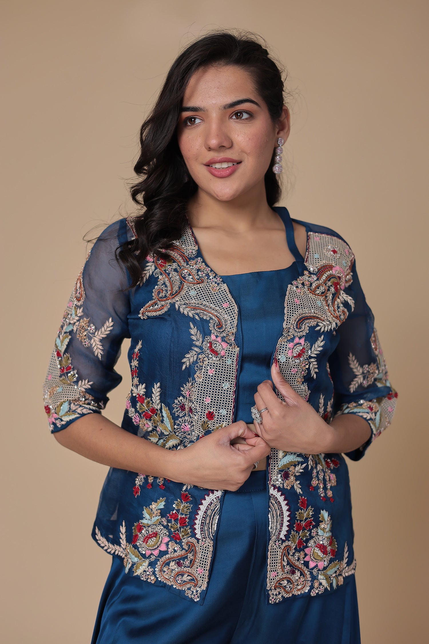 Jacket Style Silk Indowestern with Pearl, Thread and Zardozi work Jacket