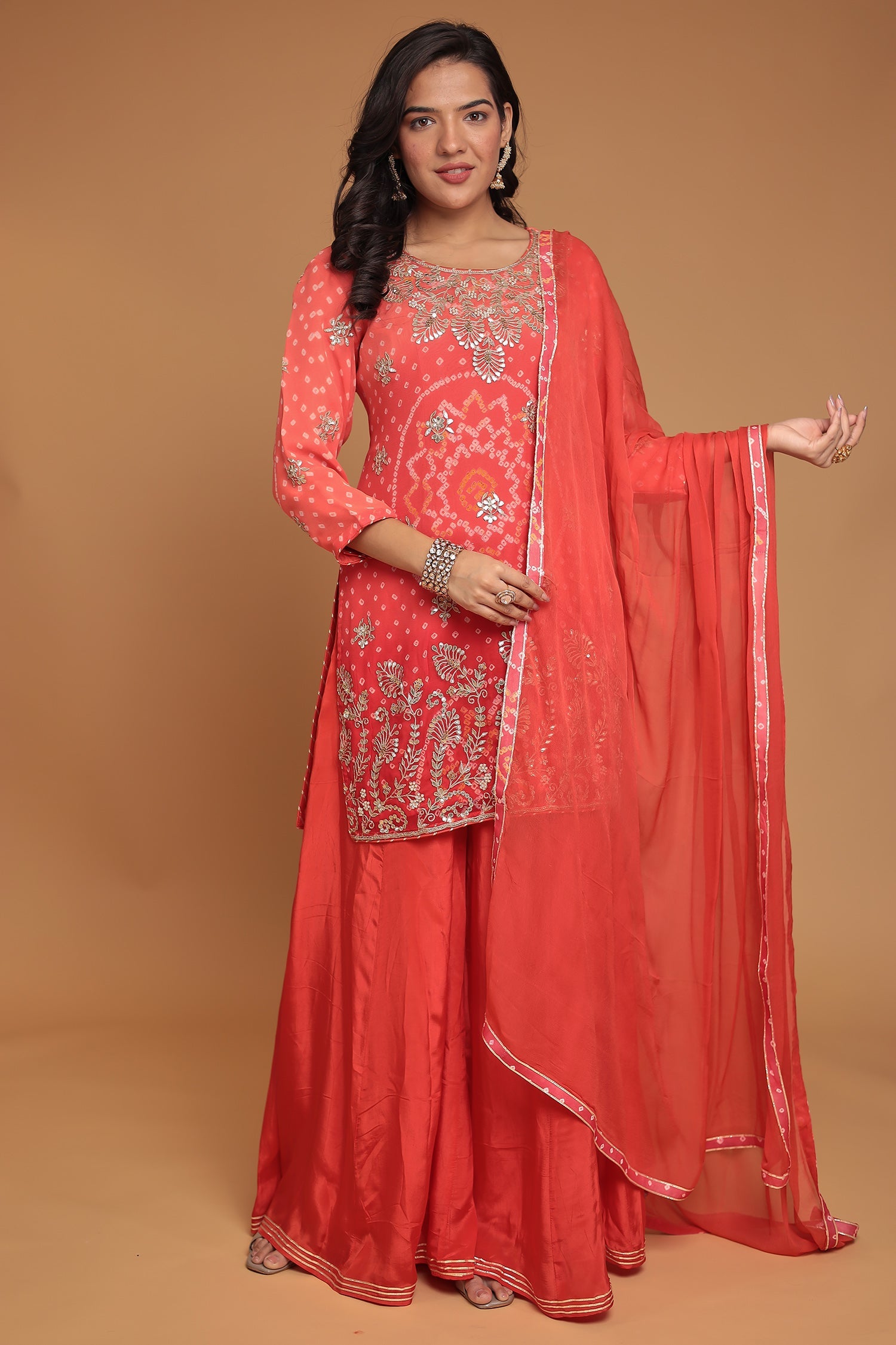 Bandhej Chinon Georgette Suit with Gota Patti, Pearl and Zardozi work