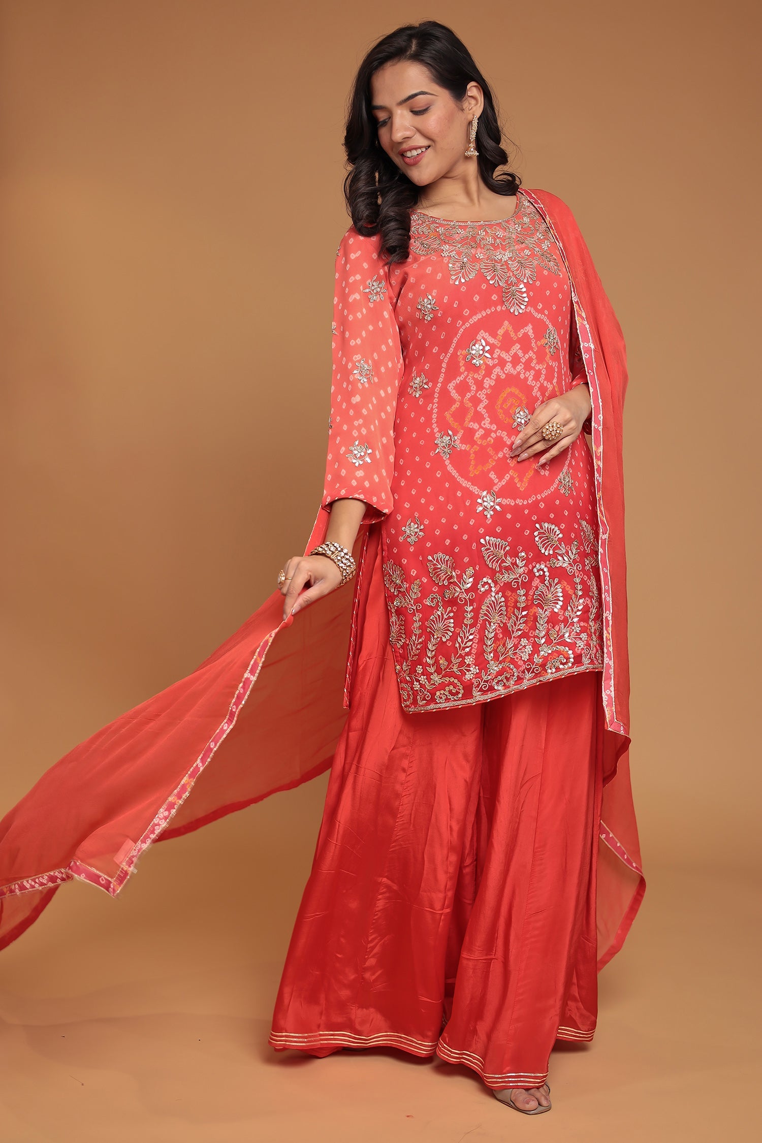 Bandhej Chinon Georgette Suit with Gota Patti, Pearl and Zardozi work