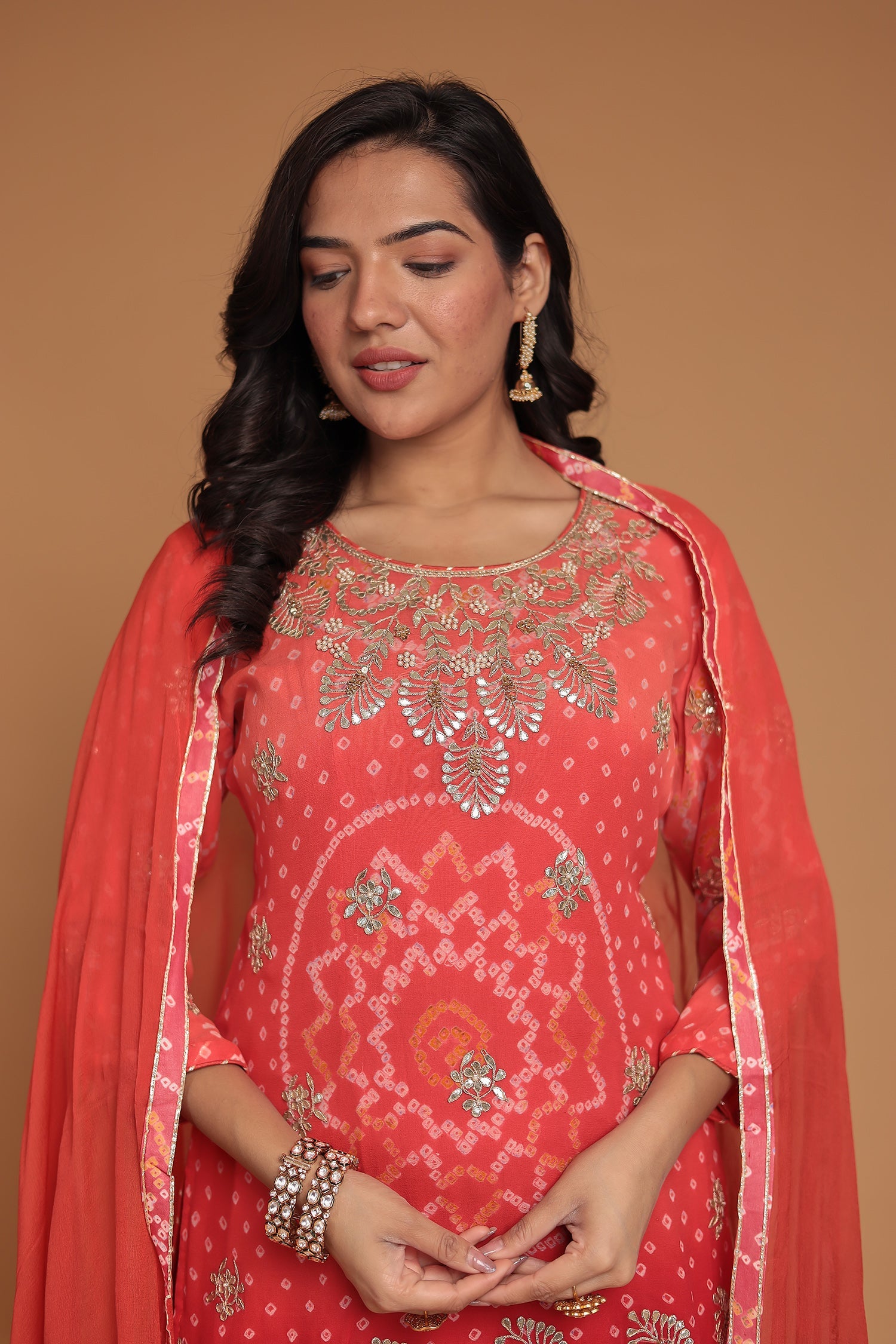 Bandhej Chinon Georgette Suit with Gota Patti, Pearl and Zardozi work