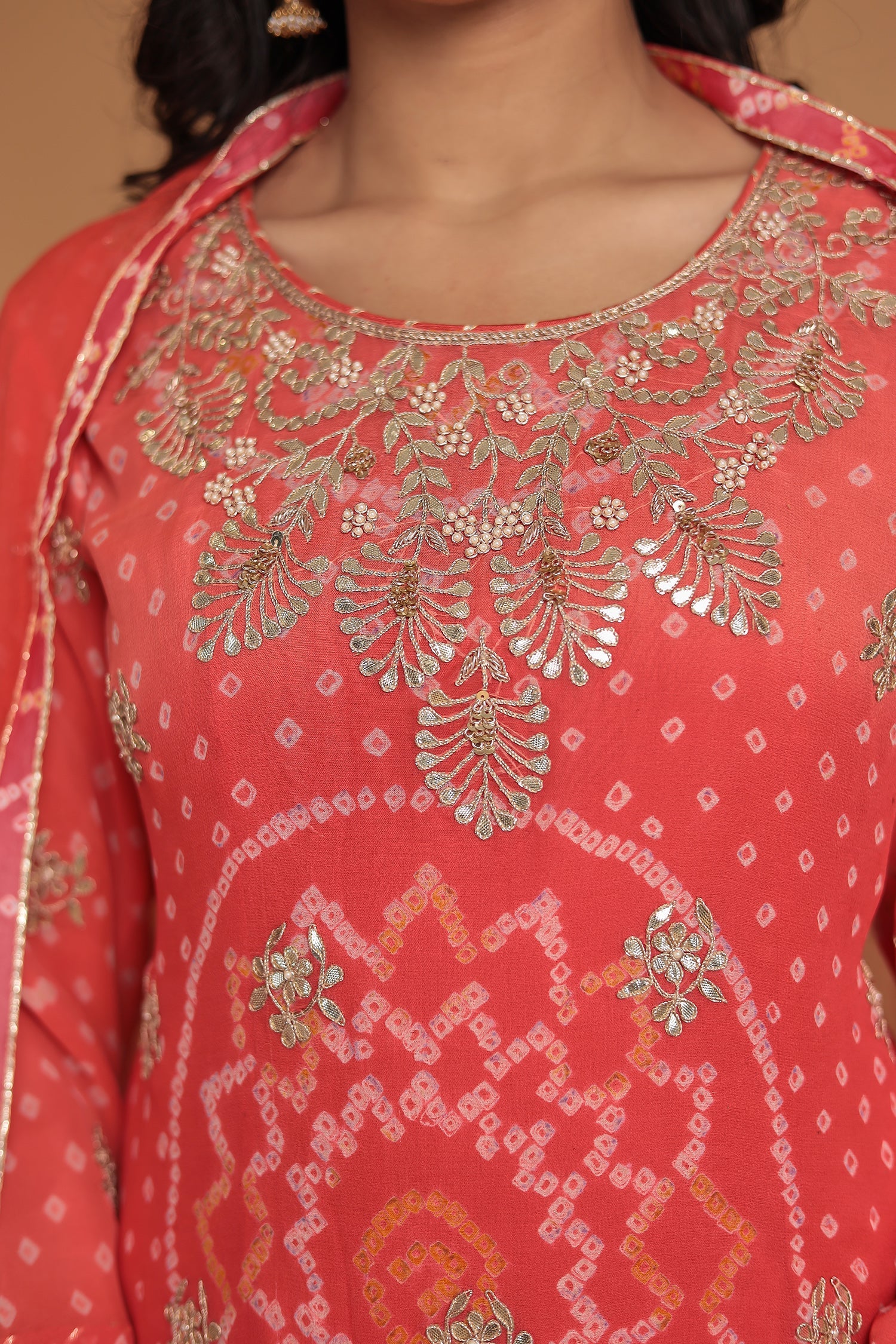 Bandhej Chinon Georgette Suit with Gota Patti, Pearl and Zardozi work