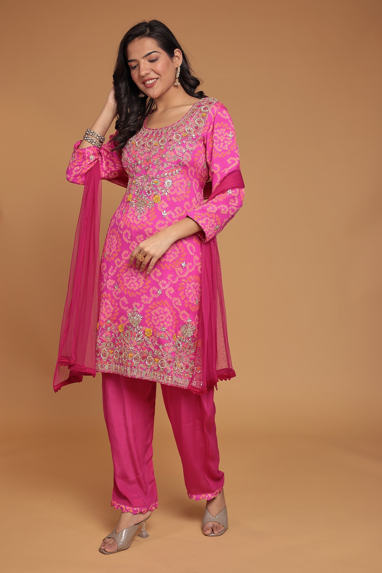 Bandhej Chinon Georgette Suit with Gota Patti, Pearl and Thread work