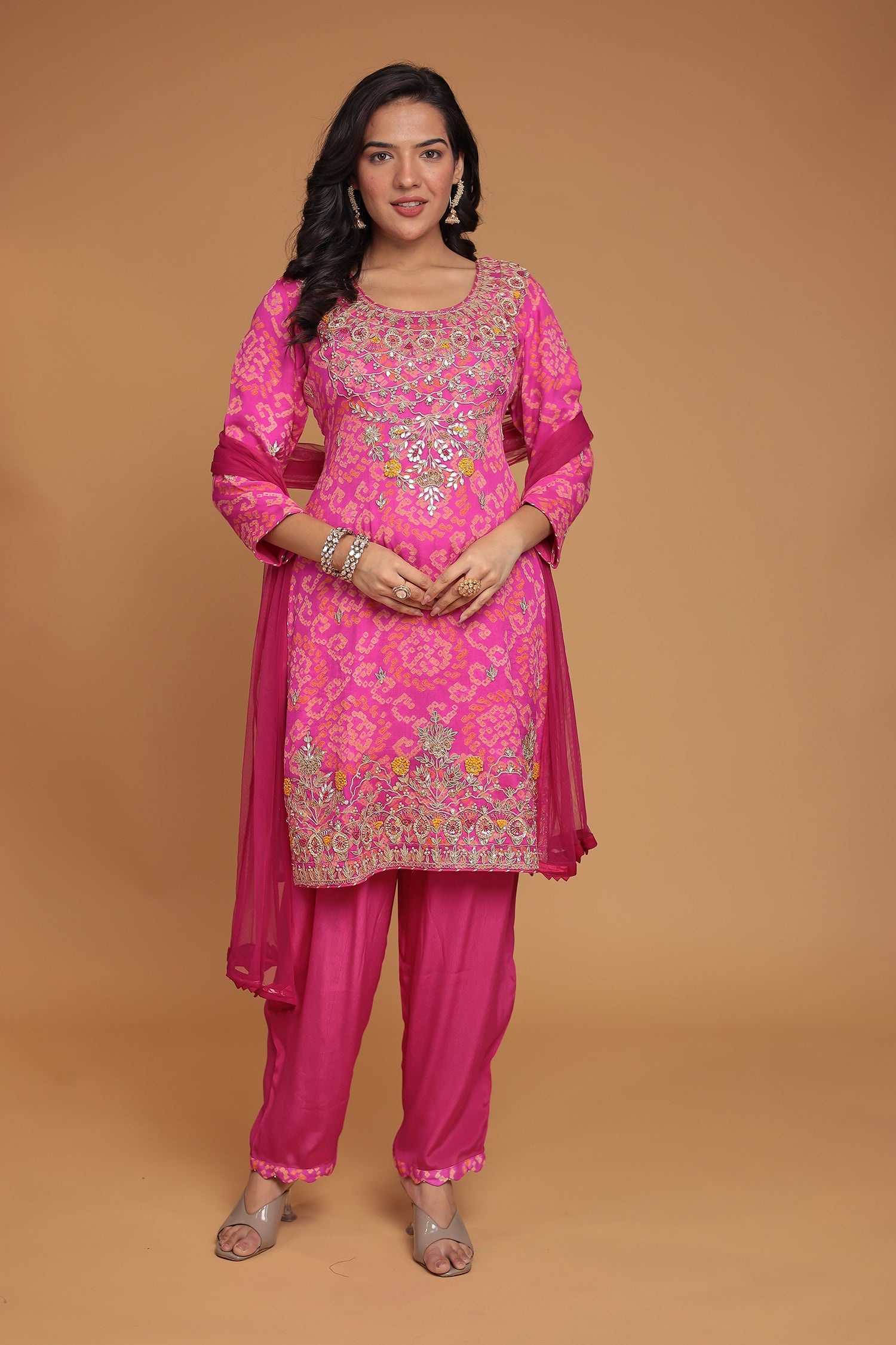 Bandhej Chinon Georgette Suit with Gota Patti, Pearl and Thread work