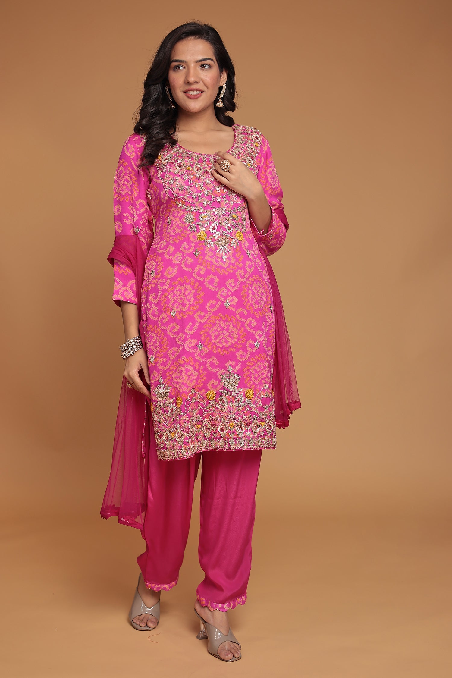 Bandhej Chinon Georgette Suit with Gota Patti, Pearl and Thread work