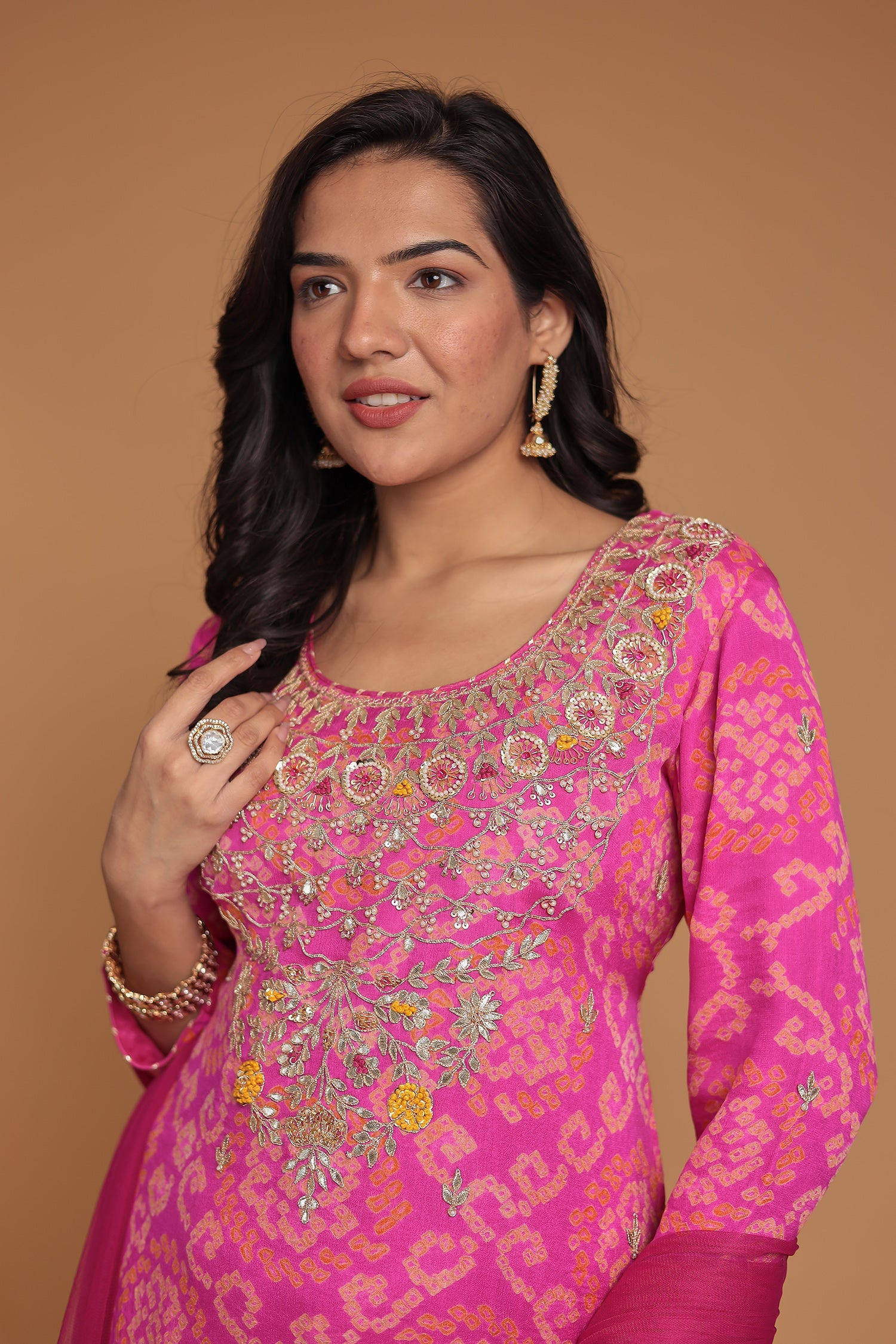 Bandhej Chinon Georgette Suit with Gota Patti, Pearl and Thread work