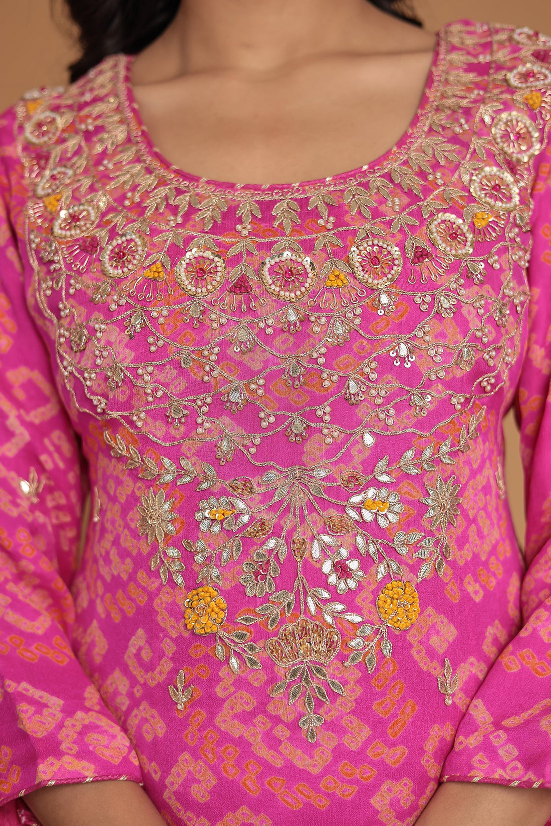 Bandhej Chinon Georgette Suit with Gota Patti, Pearl and Thread work