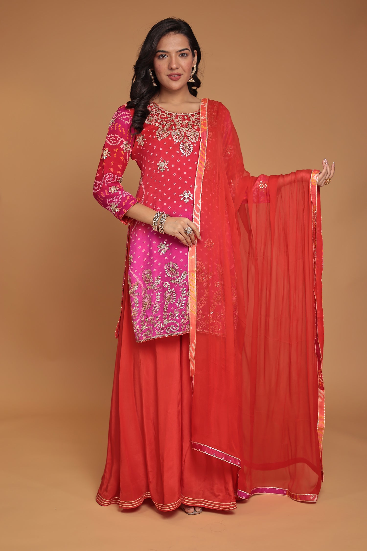 Bandhej Chinon Georgette Suit with Gota Patti, Pearl and Zardozi work
