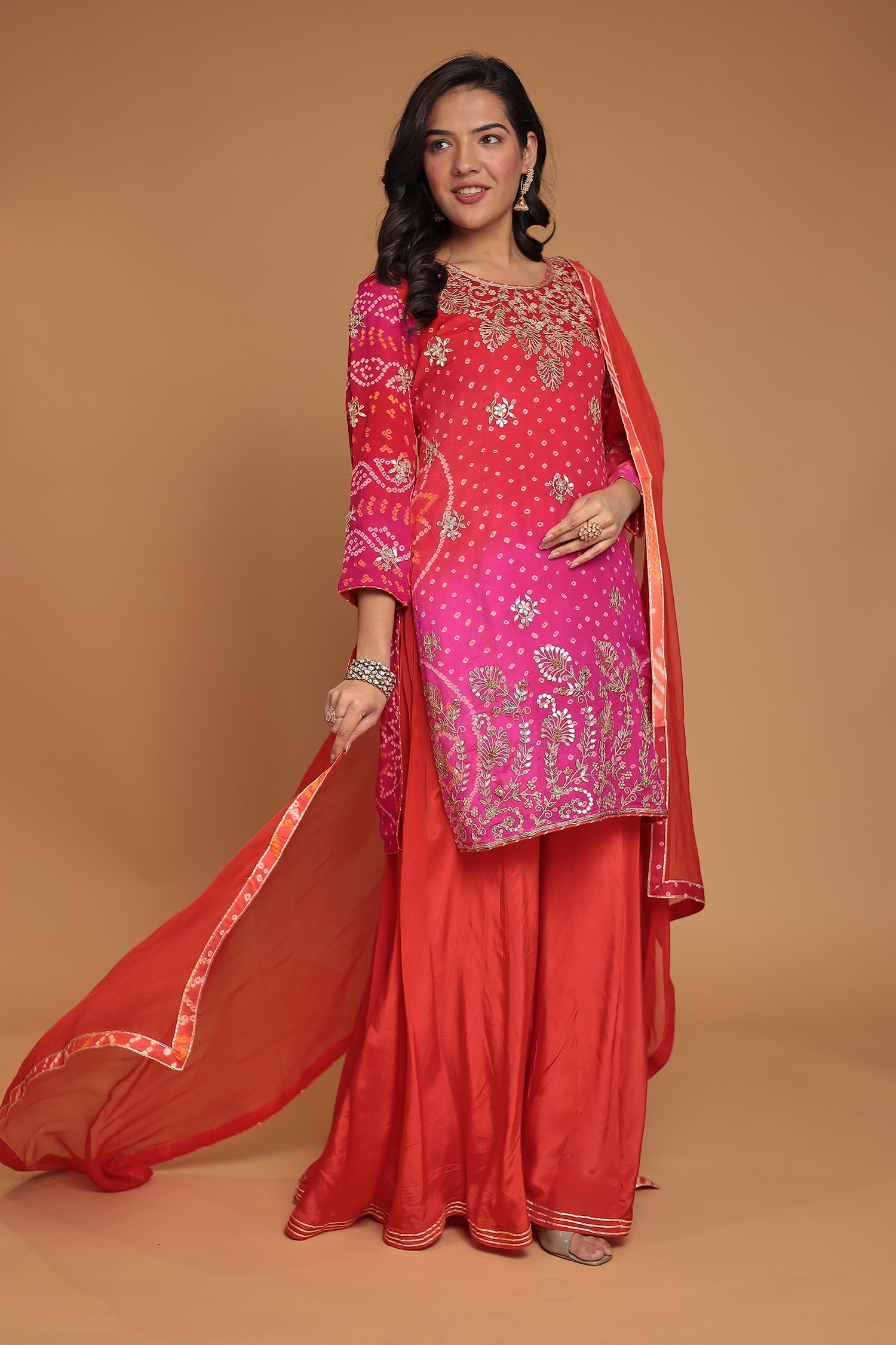 Bandhej Chinon Georgette Suit with Gota Patti, Pearl and Zardozi work